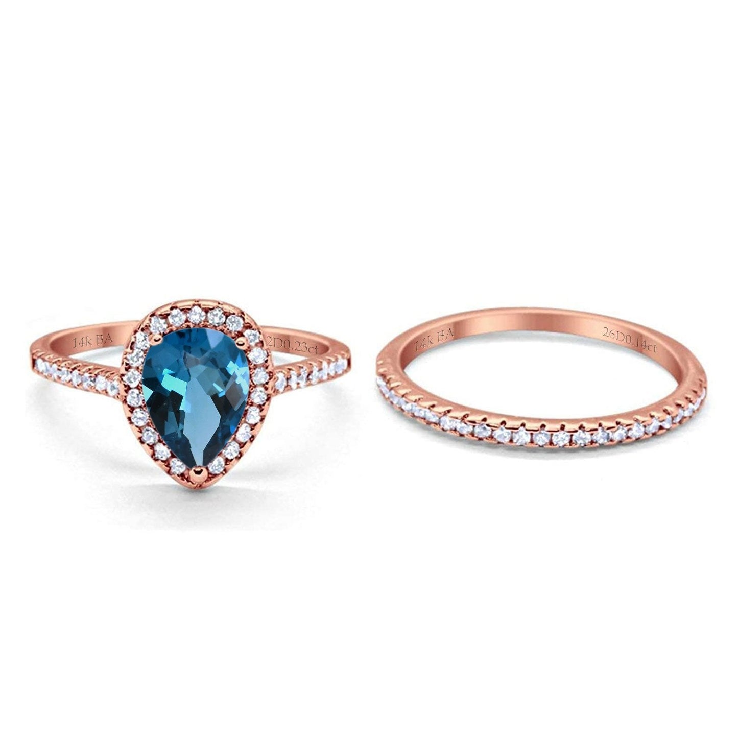 Bague de fiançailles en or rose 14 carats avec topaze bleue de Londres de 8 mm x 6 mm et diamant en forme de poire de 1,62 ct, taille 6,5