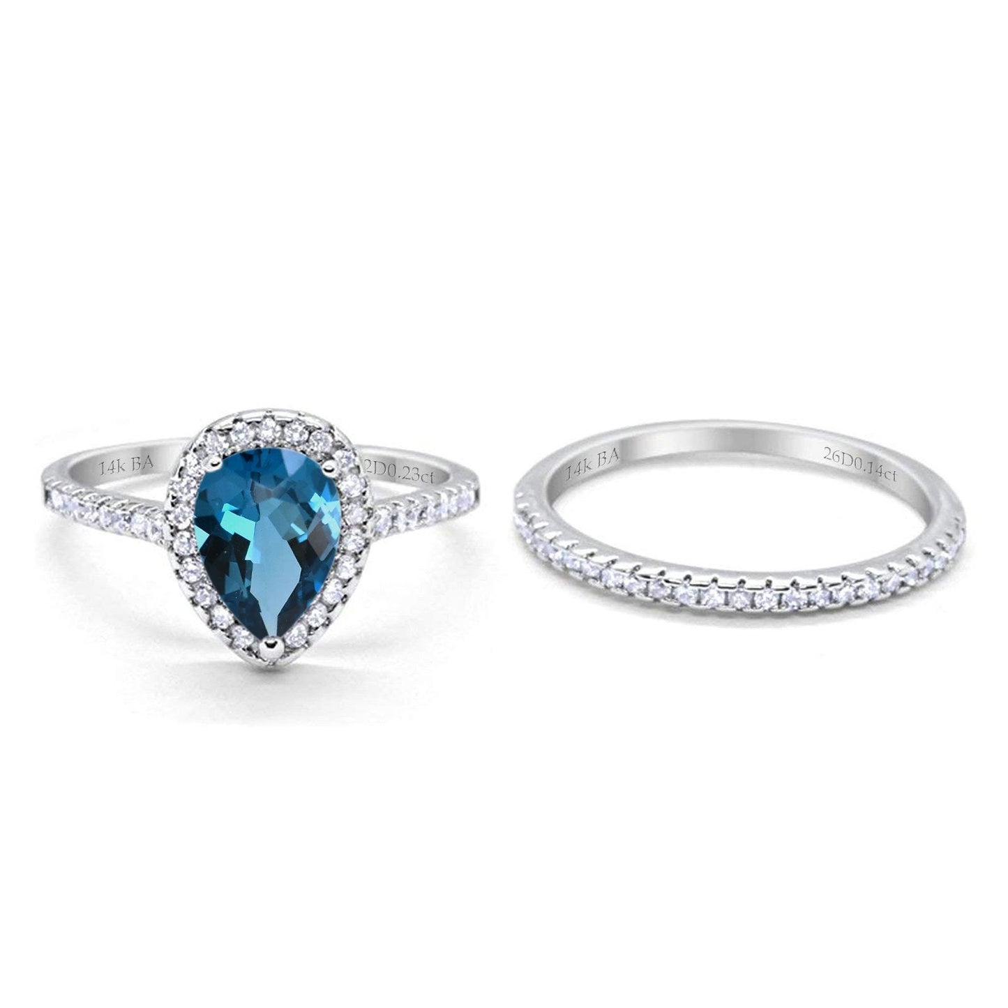 14K White Gold 1.62ct Pear 8mmx6mm G SI London Blue Topaz Diamond Bridal Engagement Wedding Ring Size 6.5