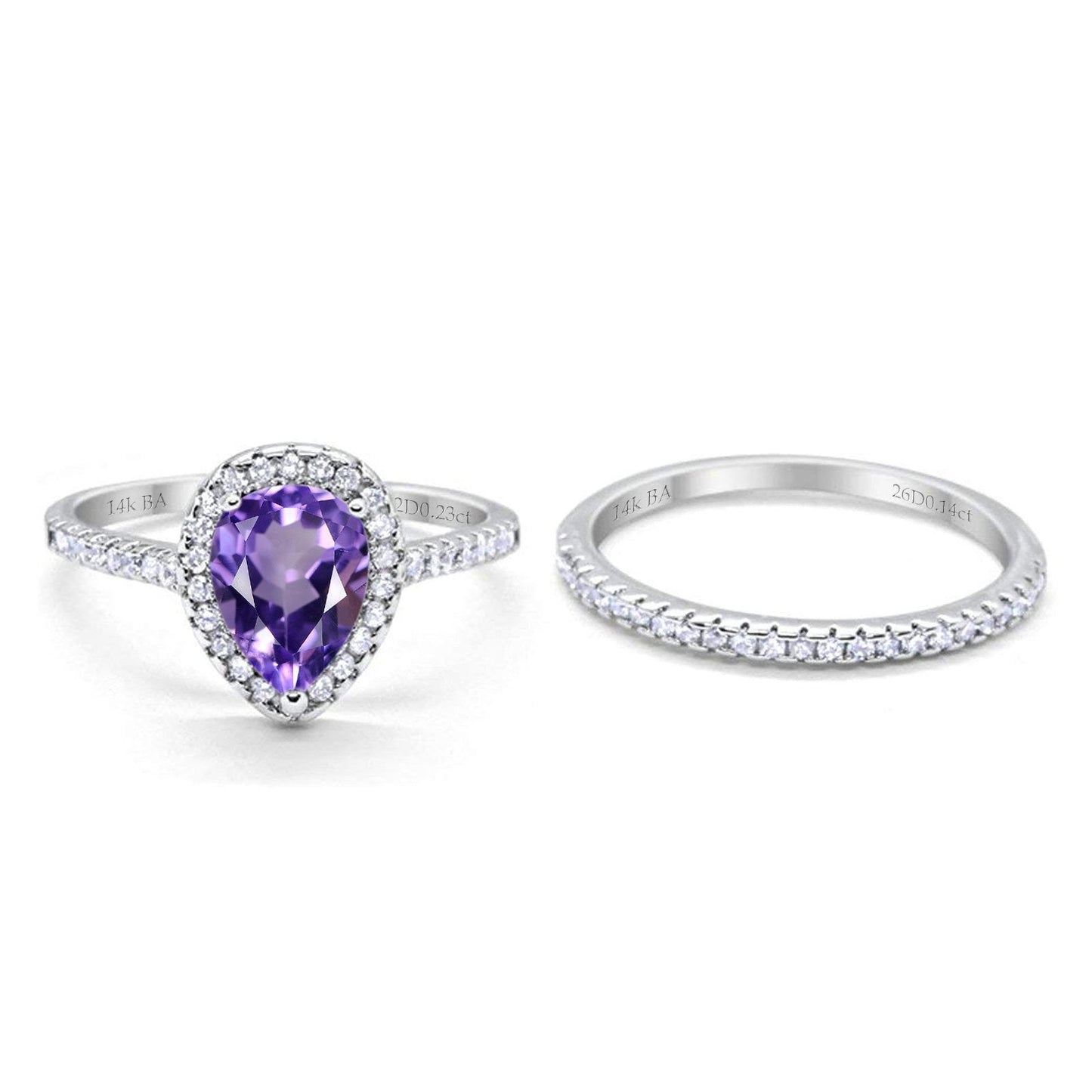 14K White Gold 1.62ct Pear 8mmx6mm G SI Natural Amethyst Diamond Bridal Engagement Wedding Ring Size 6.5