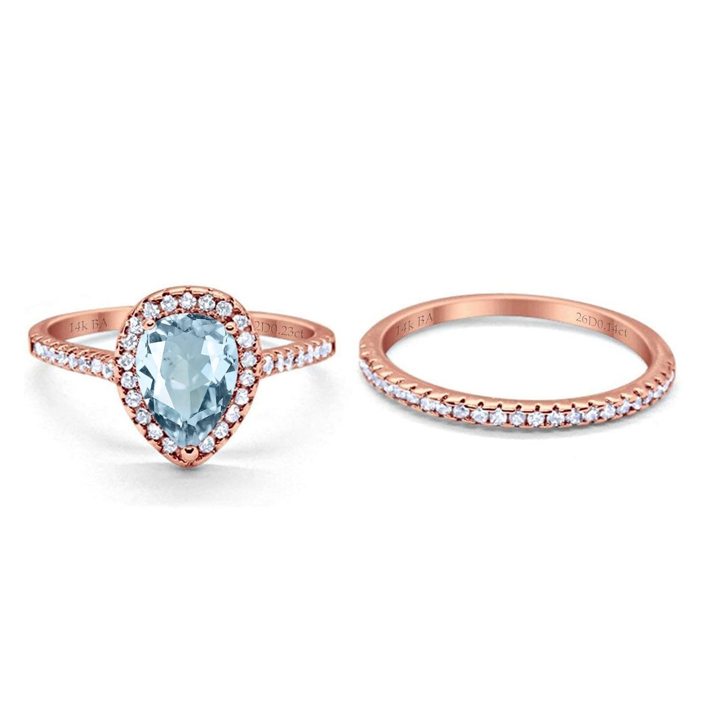 Bague de fiançailles en or rose 14 carats 1,62 ct poire 8 mm x 6 mm G SI avec diamant aigue-marine naturel taille 6,5