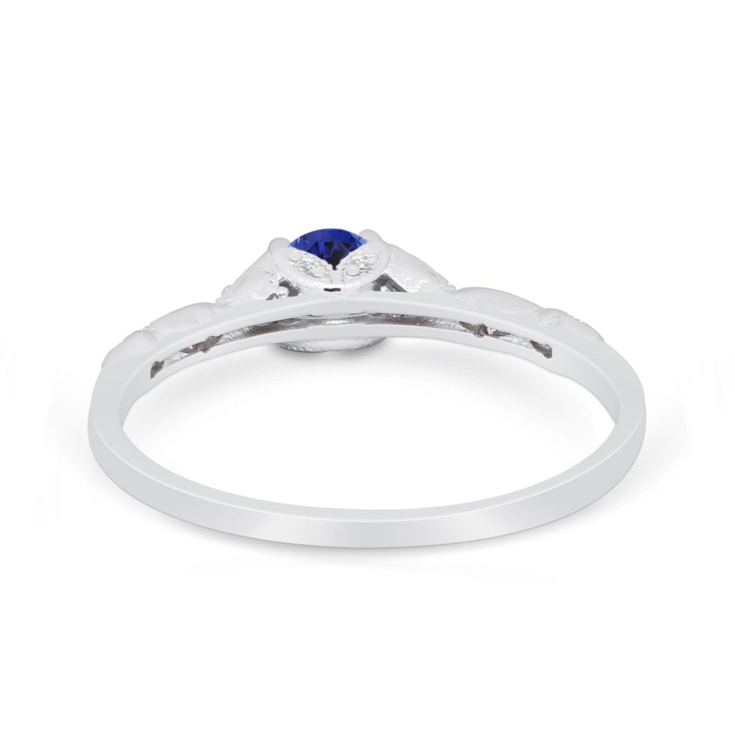 14K White Gold 0.33ct Round Petite Dainty Art Deco 4mm G SI Lab Blue Sapphire Diamond Engagement Wedding Ring Size 6.5