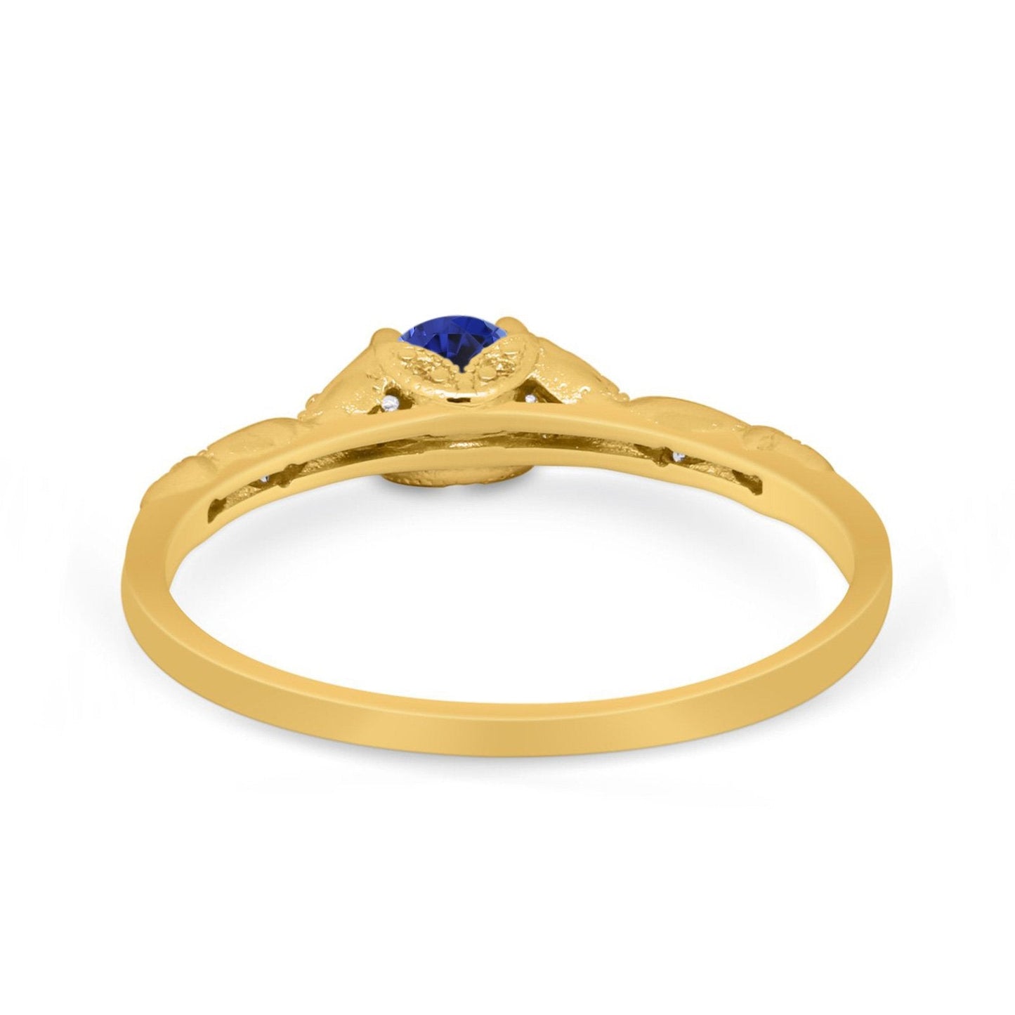 14K Yellow Gold 0.33ct Round Petite Dainty Art Deco 4mm G SI Lab Blue Sapphire Diamond Engagement Wedding Ring Size 6.5