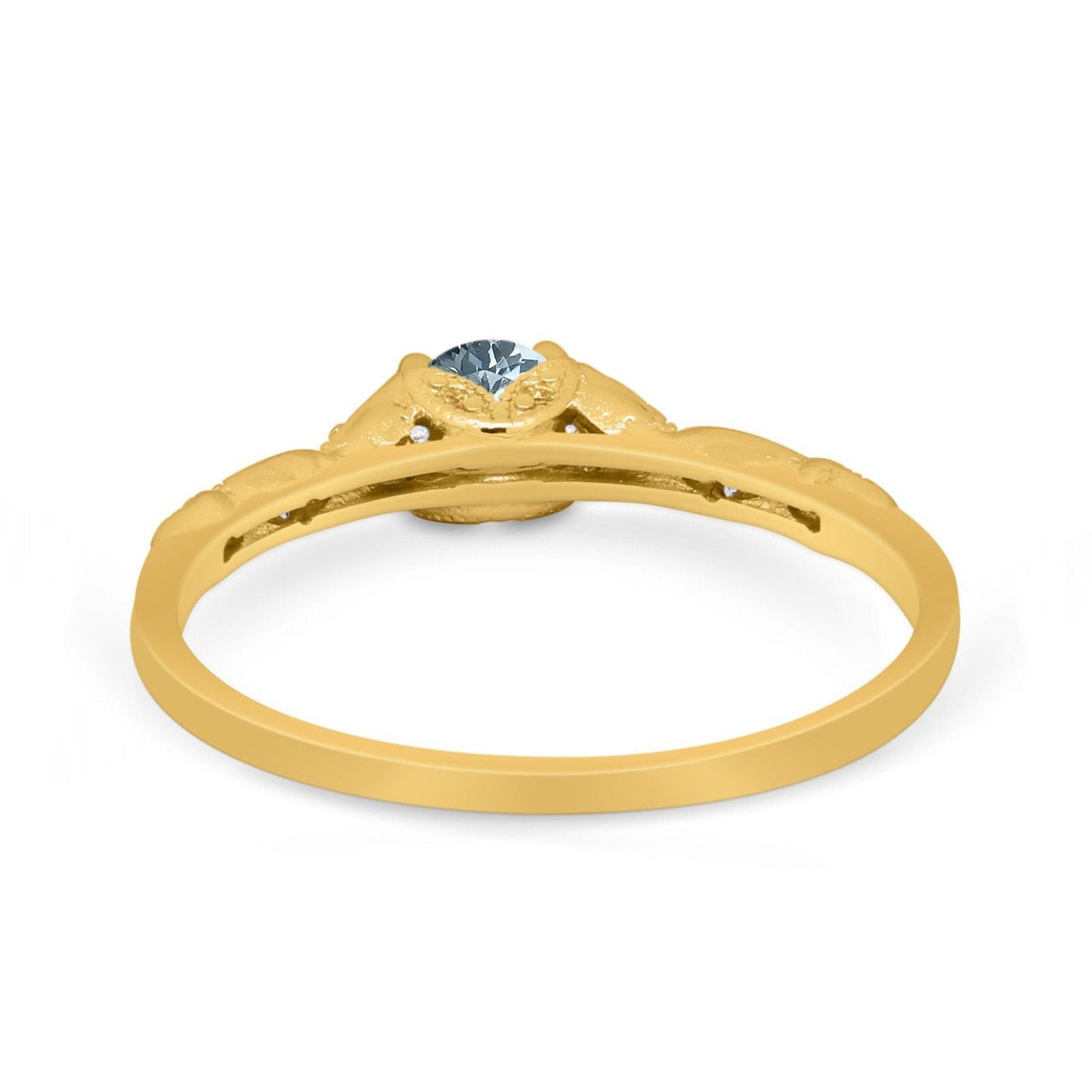 14K Yellow Gold 0.33ct Round Petite Dainty Art Deco 4mm G SI Natural Aquamarine Diamond Engagement Wedding Ring Size 6.5