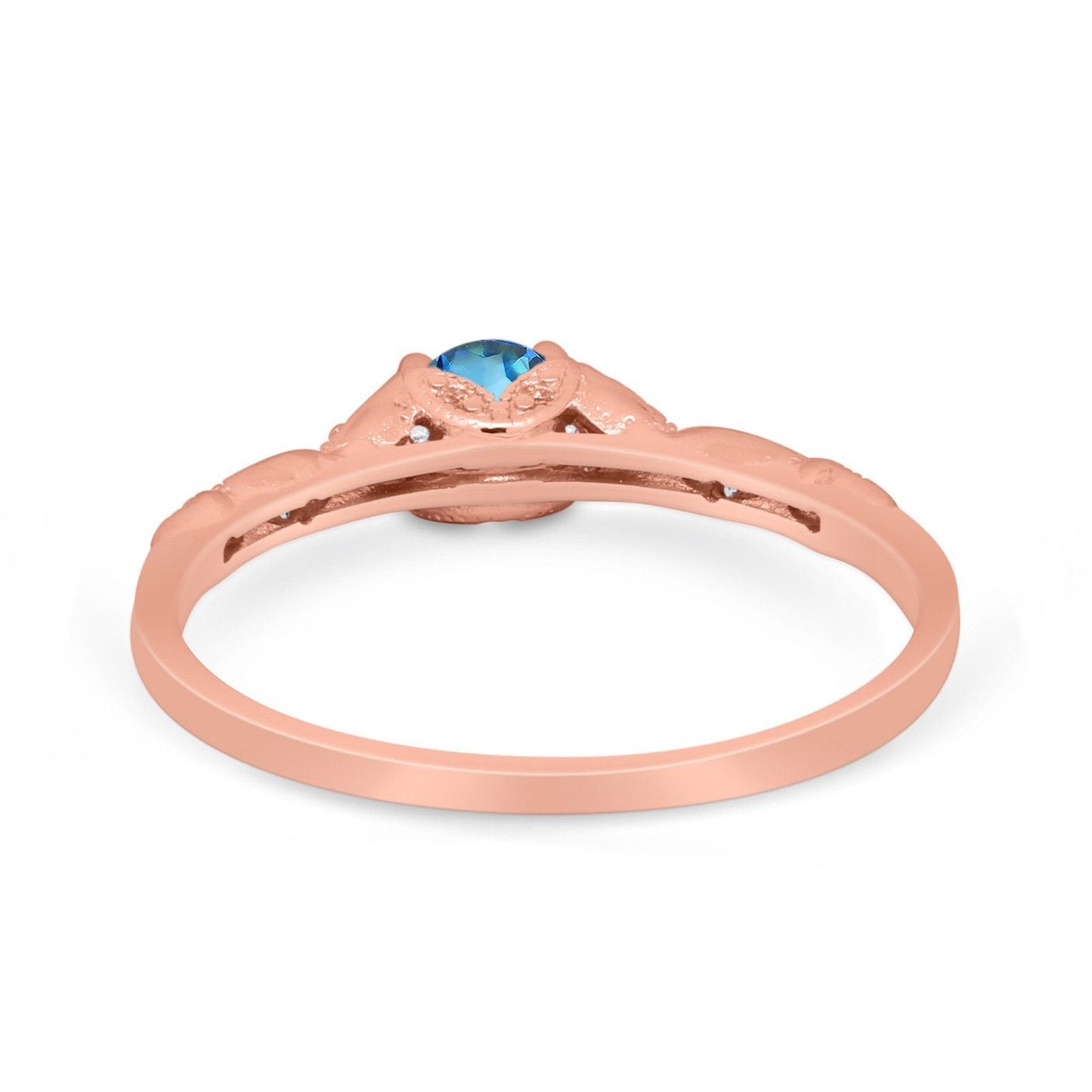 14K Rose Gold 0.33ct Round Petite Dainty Art Deco 4mm G SI Natural Blue Topaz Diamond Engagement Wedding Ring Size 6.5