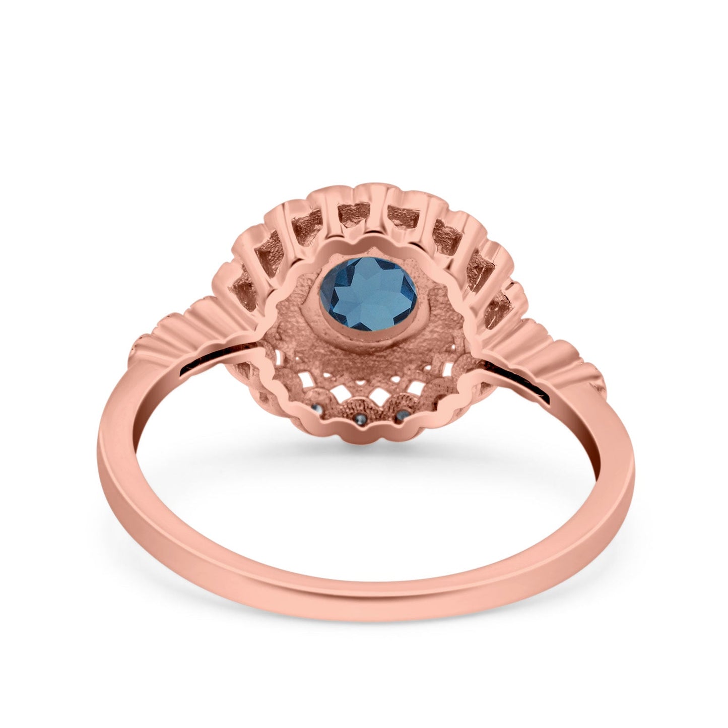 14K Rose Gold 0.77ct Halo Art Deco Round 5.5mm G SI London Blue Topaz Diamond Engagement Wedding Ring Size 6.5