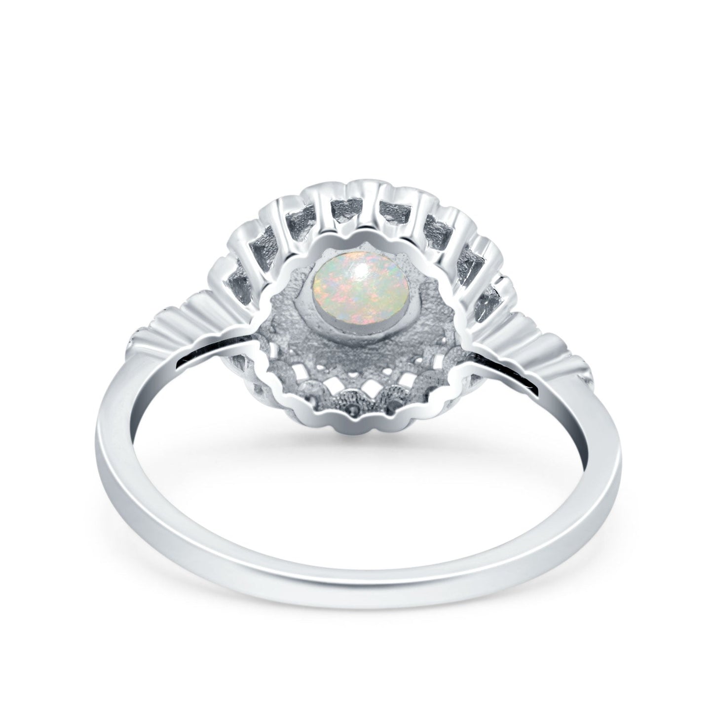 14K White Gold 0.11ct Halo Art Deco Round 5.5mm G SI Natural White Opal Diamond Engagement Wedding Ring Size 6.5