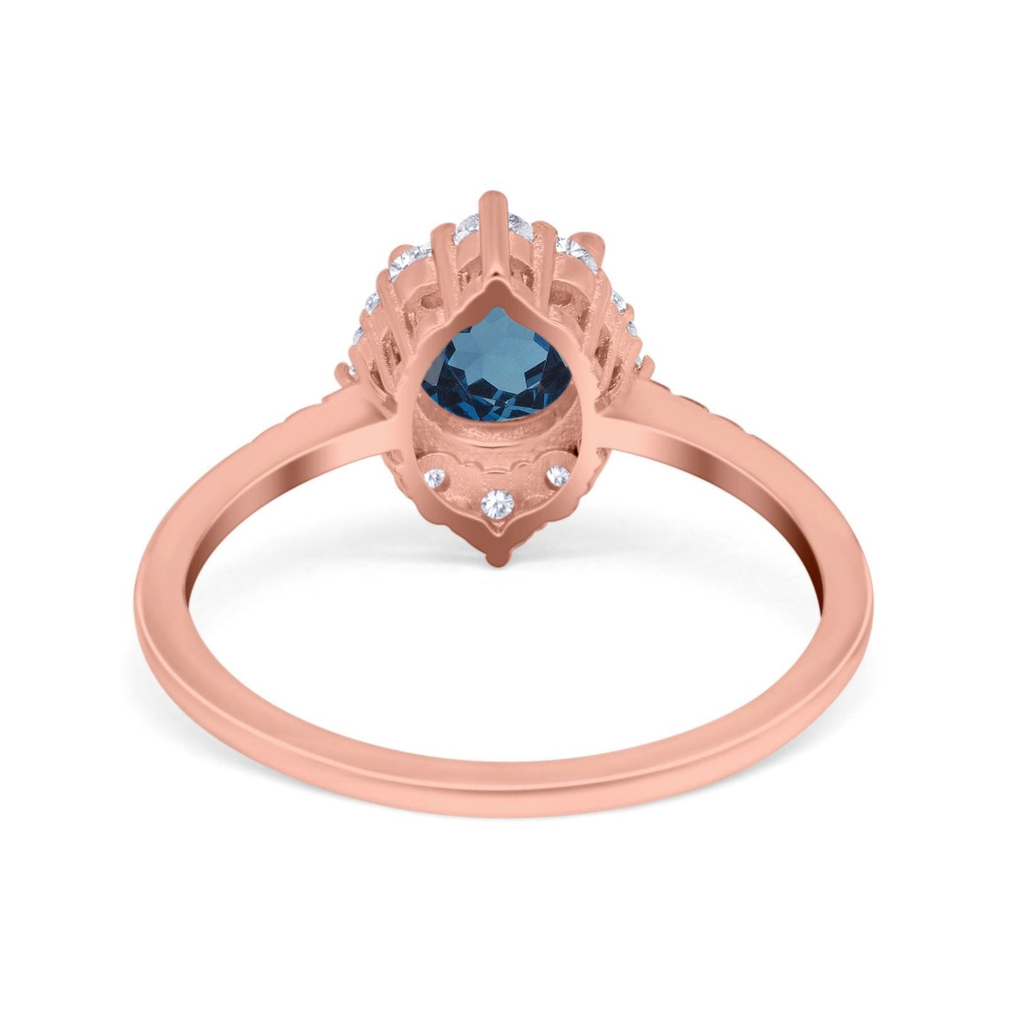 Bague de fiançailles en or rose 14 carats avec diamant rond de 7 mm et topaze bleue de Londres de 1,61 ct et halo vintage, taille 6,5