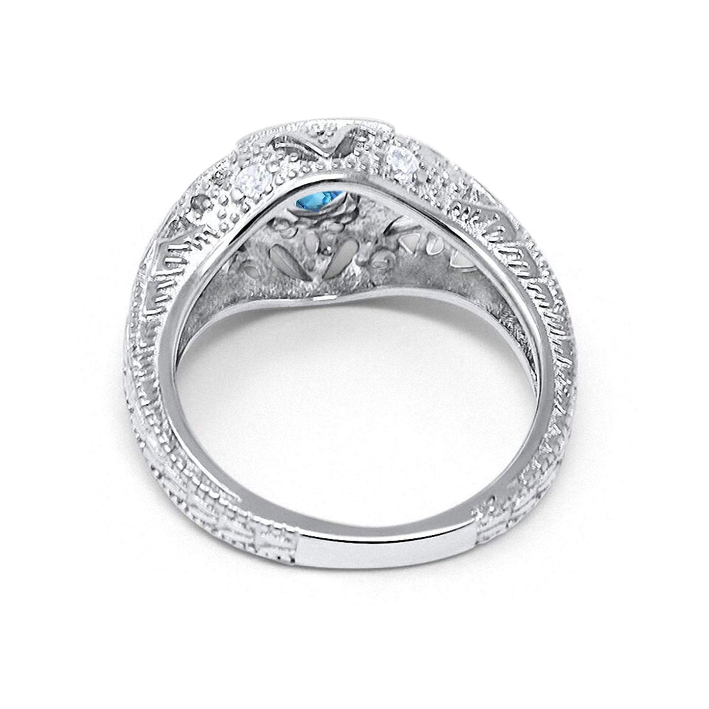 14K White Gold 0.15ct Round Antique Style 5mm G SI Natural Blue Topaz Diamond Engagement Wedding Ring Size 6.5