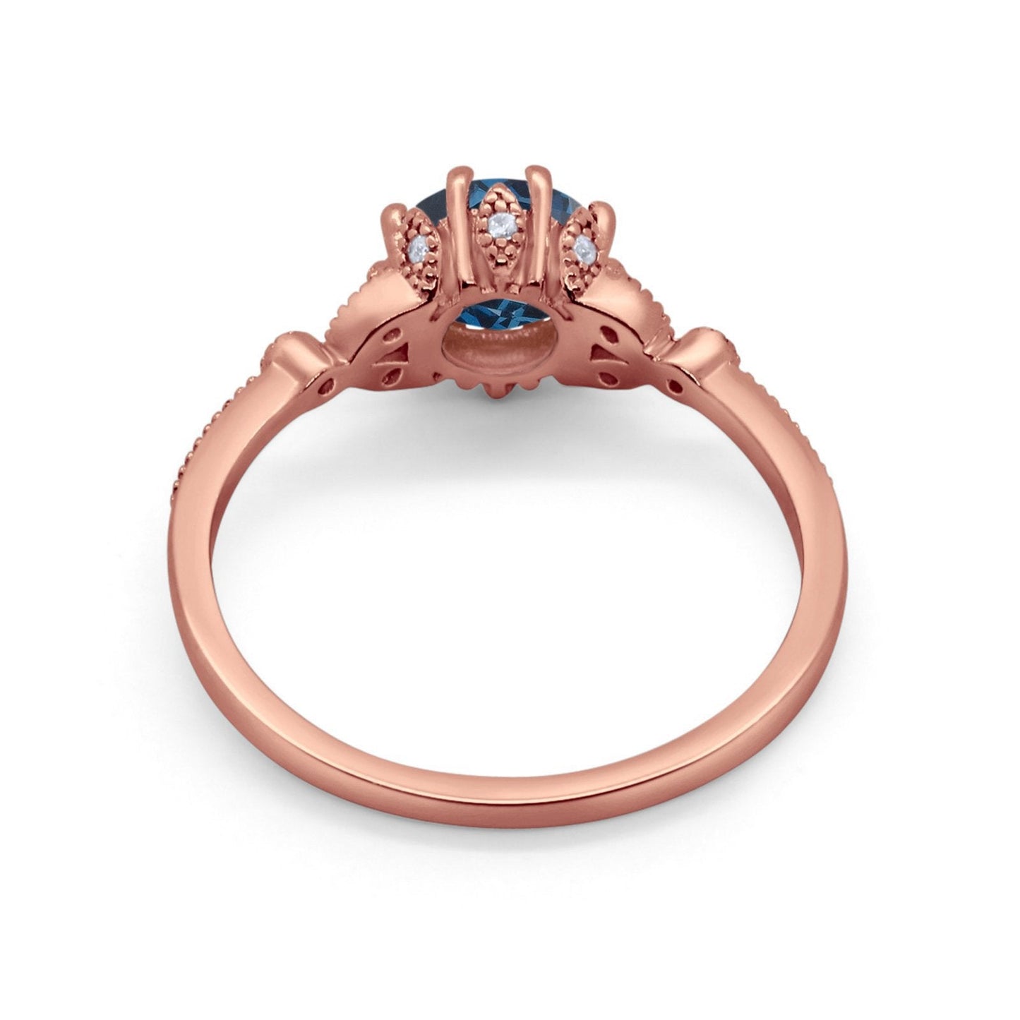 14K Rose Gold 1.34ct Round Art Deco Fashion 7mm G SI London Blue Topaz Diamond Engagement Wedding Ring Size 6.5