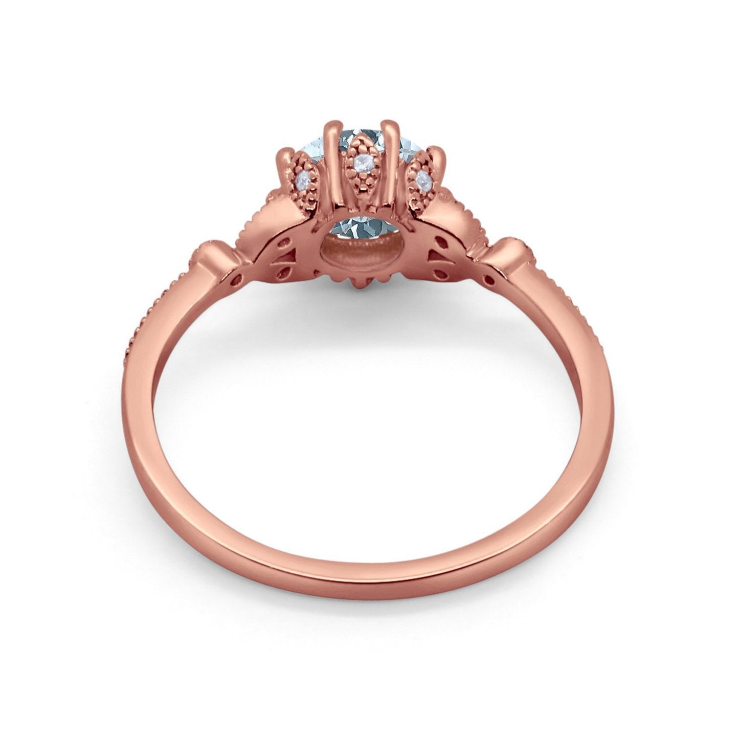 14K Rose Gold 1.34ct Round Art Deco Fashion 7mm G SI Natural Aquamarine Diamond Engagement Wedding Ring Size 6.5