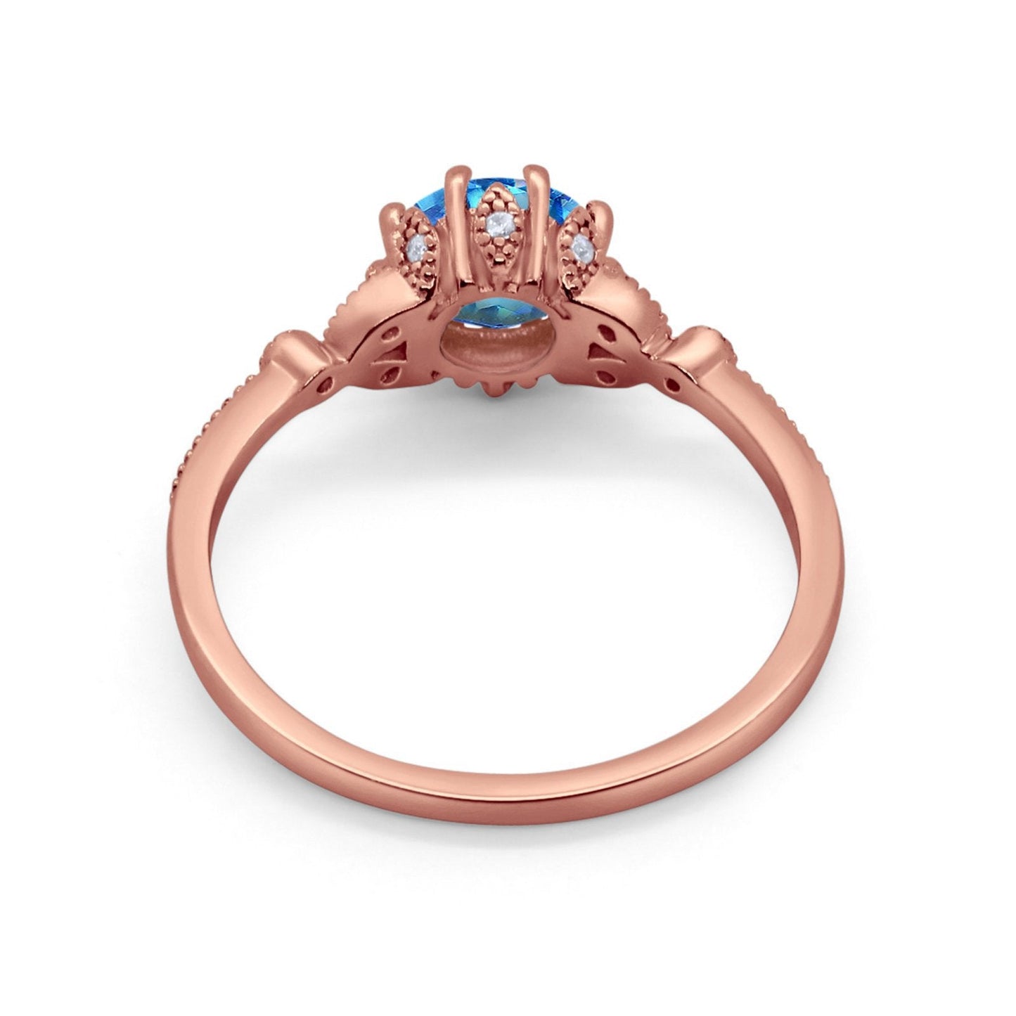 14K Rose Gold 1.34ct Round Art Deco Fashion 7mm G SI Natural Blue Topaz Diamond Engagement Wedding Ring Size 6.5