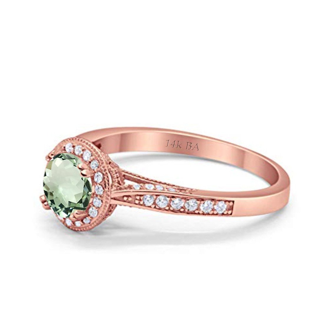 14K Rose Gold 0.67ct Round Halo 6.5mm G SI Natural Green Amethyst Diamond Engagement Wedding Ring Size 6.5