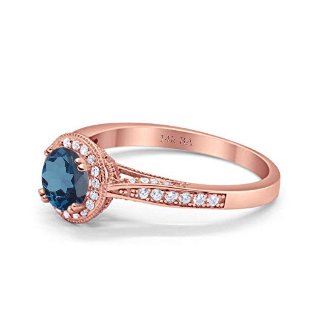 14K Rose Gold 0.67ct Round Halo 6.5mm G SI London Blue Topaz Diamond Engagement Wedding Ring Size 6.5