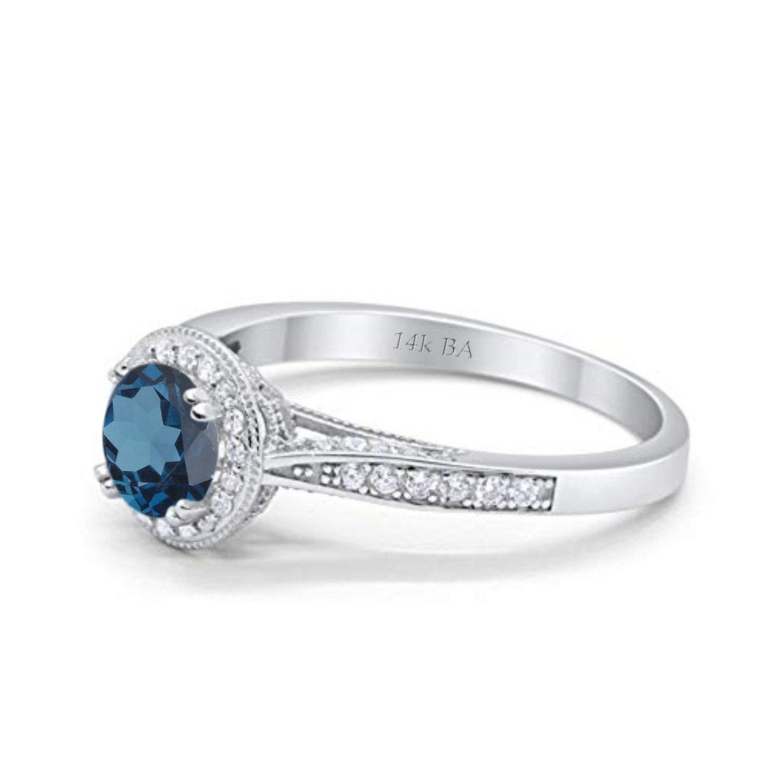 14K White Gold 0.67ct Round Halo 6.5mm G SI London Blue Topaz Diamond Engagement Wedding Ring Size 6.5