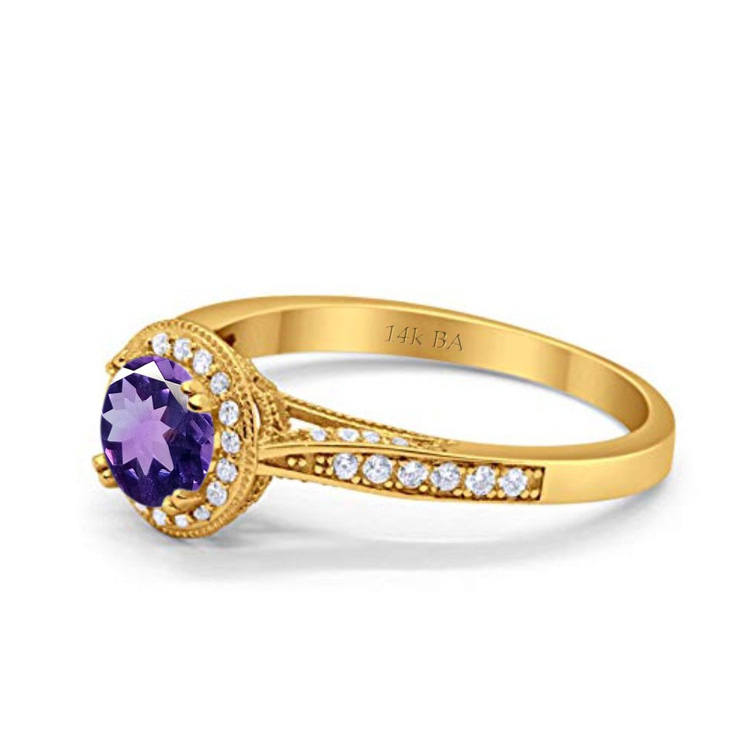 14K Yellow Gold 0.67ct Round Halo 6.5mm G SI Natural Amethyst Diamond Engagement Wedding Ring Size 6.5