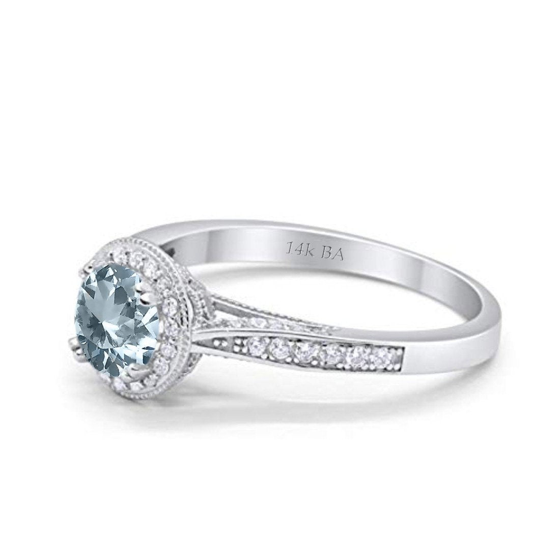 14K White Gold 0.67ct Round Halo 6.5mm G SI Natural Aquamarine Diamond Engagement Wedding Ring Size 6.5