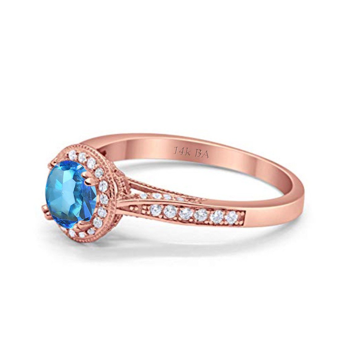 14K Rose Gold 0.67ct Round Halo 6.5mm G SI Natural Blue Topaz Diamond Engagement Wedding Ring Size 6.5