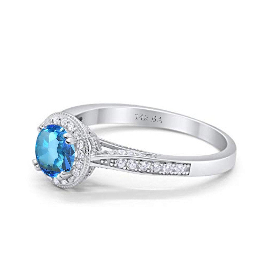 14K White Gold 0.67ct Round Halo 6.5mm G SI Natural Blue Topaz Diamond Engagement Wedding Ring Size 6.5