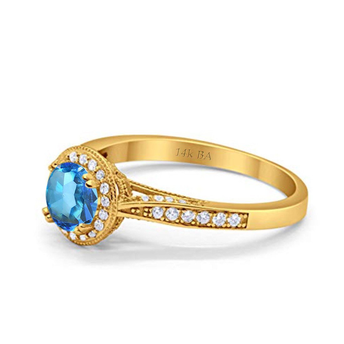 14K Yellow Gold 0.67ct Round Halo 6.5mm G SI Natural Blue Topaz Diamond Engagement Wedding Ring Size 6.5