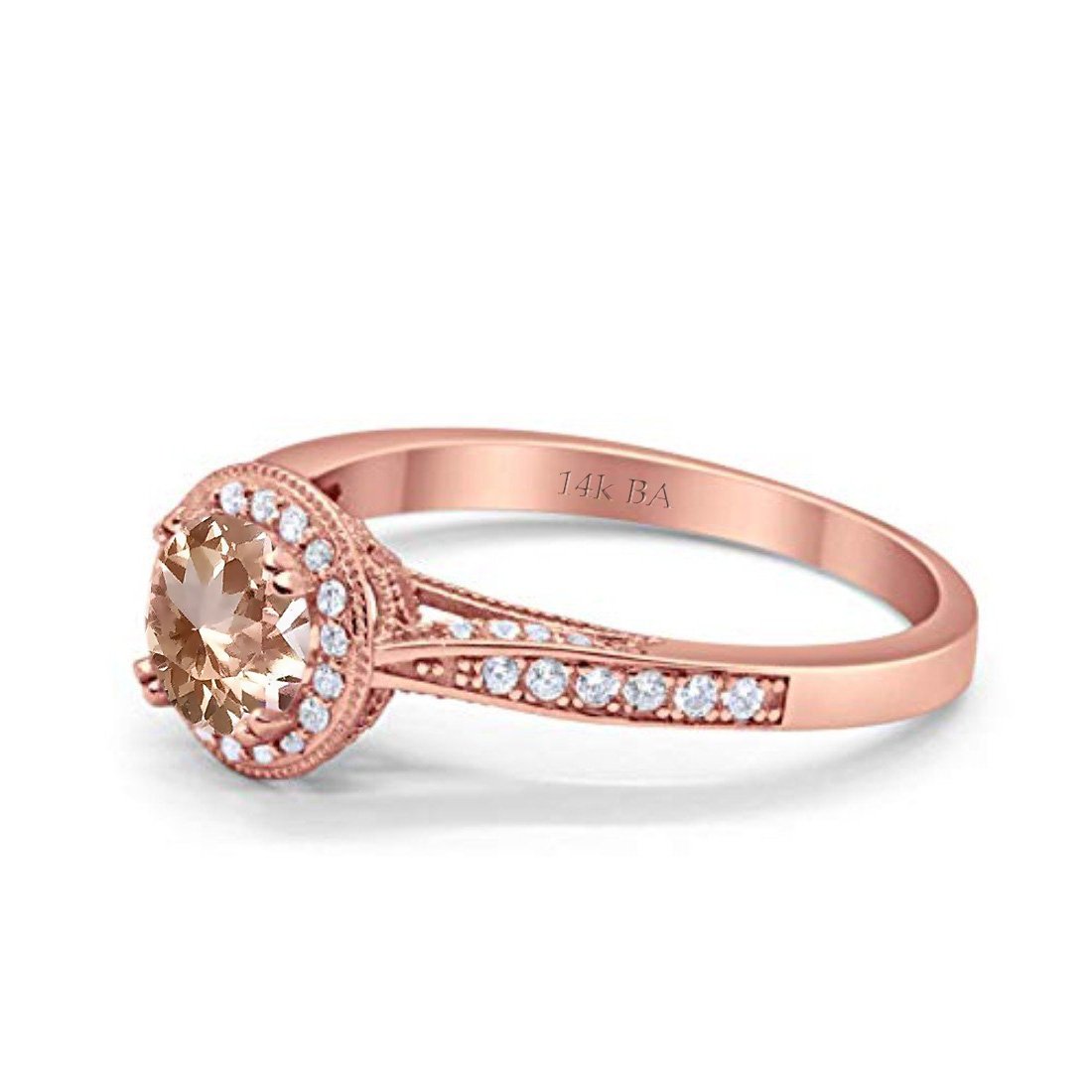 14K Rose Gold 0.67ct Round Halo 6.5mm G SI Natural Morganite Diamond Engagement Wedding Ring Size 6.5