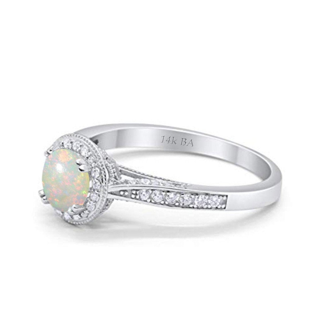 14K White Gold 0.21ct Round Halo 6.5mm G SI Natural White Opal Diamond Engagement Wedding Ring Size 6.5