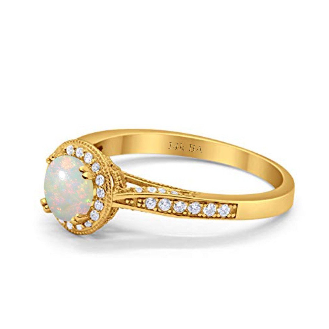 14K Yellow Gold 0.21ct Round Halo 6.5mm G SI Natural White Opal Diamond Engagement Wedding Ring Size 6.5