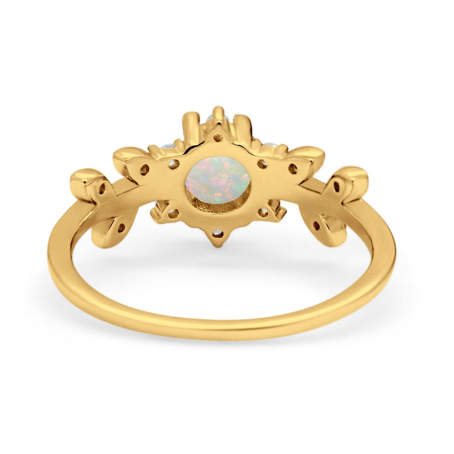 14K Yellow Gold Round Natural White Opal G SI 0.18ct Diamond Engagement Ring Size 6.5