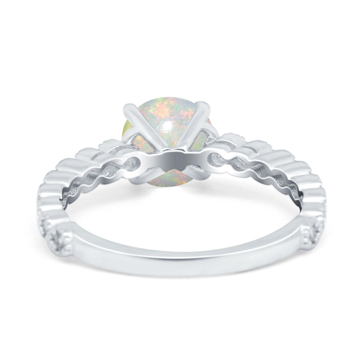 14K White Gold 0.13ct Round 6.5mm G SI Natural White Opal Diamond Engagement Wedding Ring Size 6.5