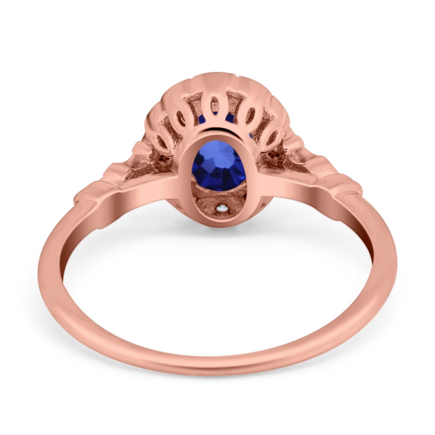 14K Rose Gold 0.9ct Oval 7mmx5mm G SI Nano Blue Sapphire Diamond Engagement Wedding Ring Size 6.5