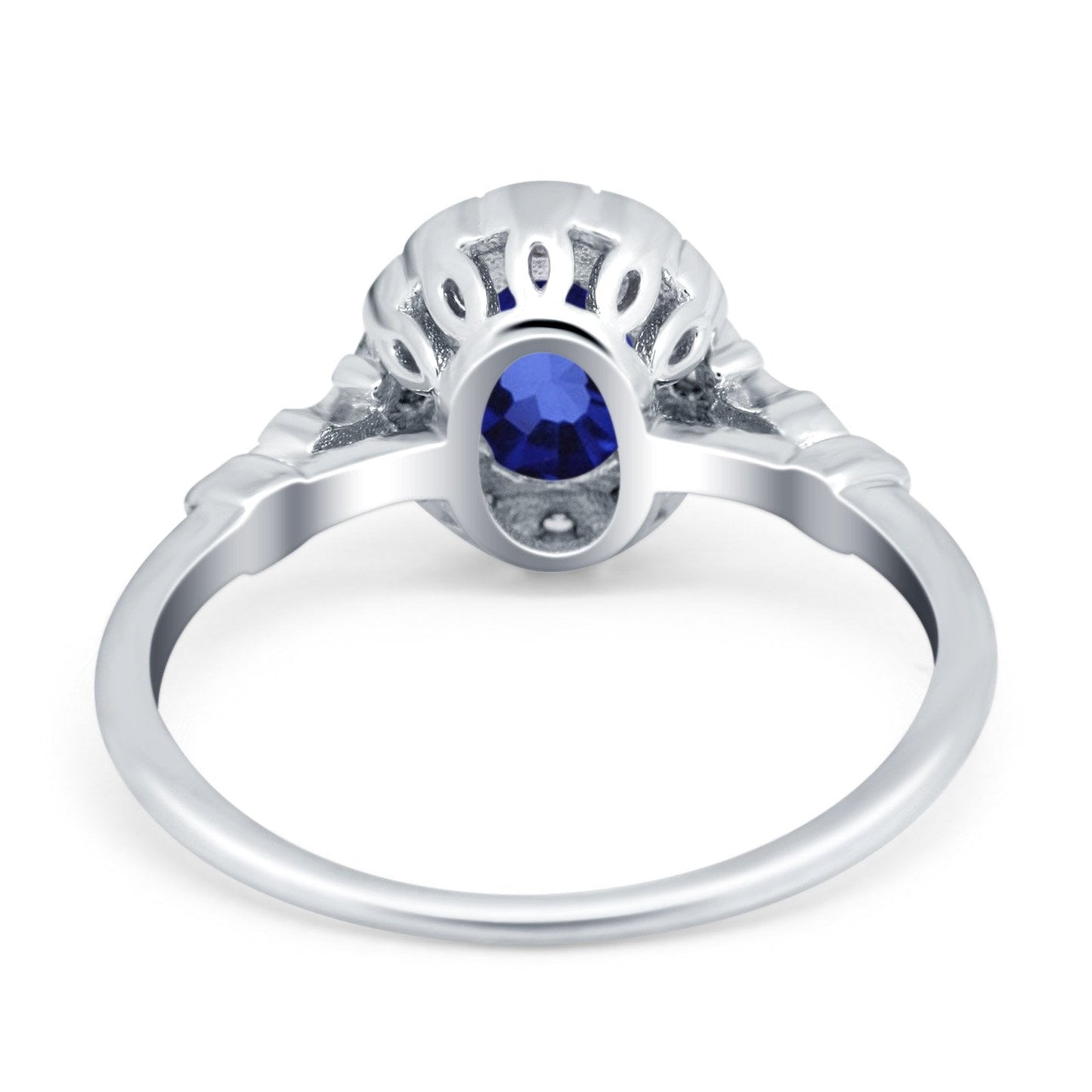 Bague de fiançailles en or blanc 14 carats avec diamant ovale de 0,9 ct 7 mm x 5 mm G SI Nano Blue Saphir Taille 6,5