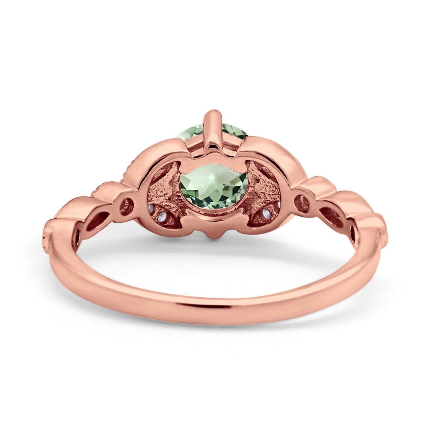 14K Rose Gold 0.96ct Round Art Deco 6mm G SI Natural Green Amethyst Diamond Engagement Wedding Ring Size 6.5