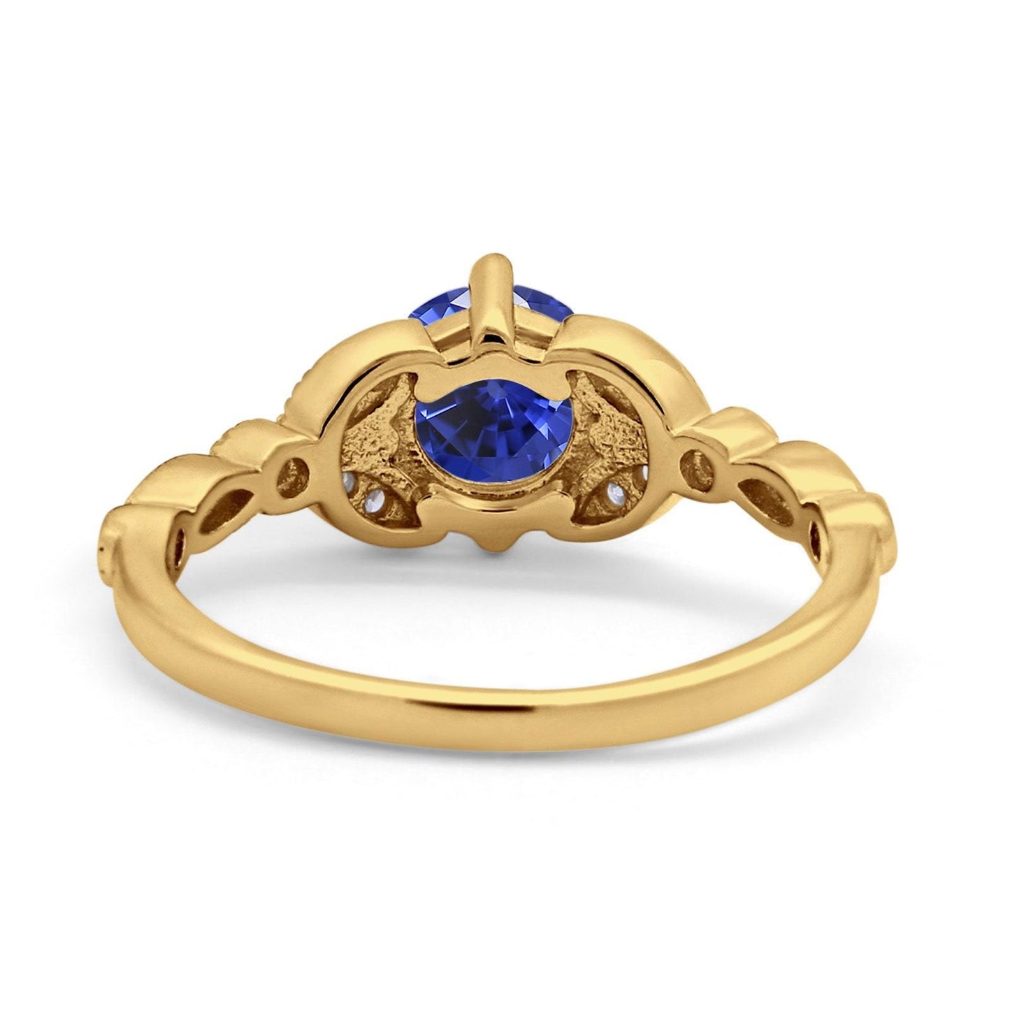 14K Yellow Gold 0.96ct Round Art Deco 6mm G SI Nano Blue Sapphire Diamond Engagement Wedding Ring Size 6.5