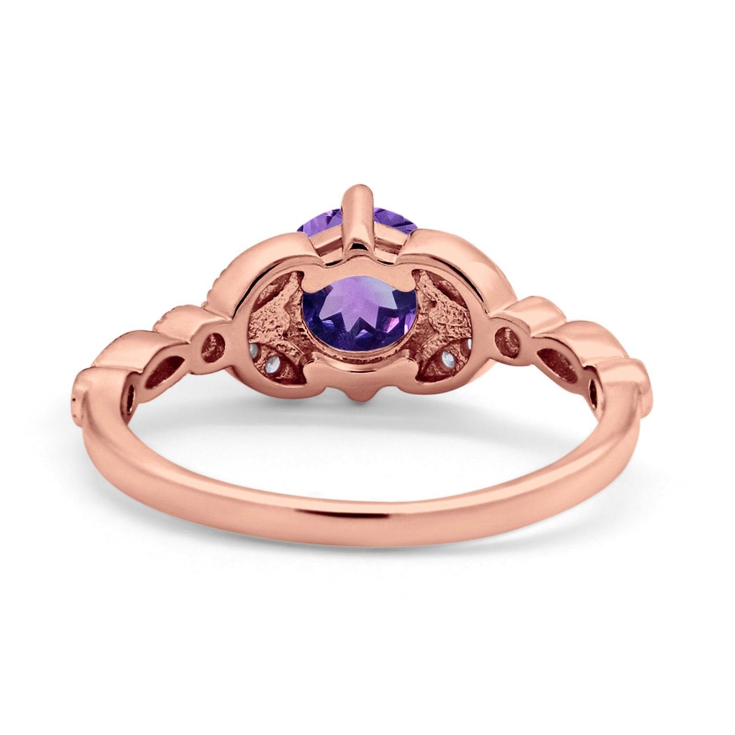 14K Rose Gold 0.96ct Round Art Deco 6mm G SI Natural Amethyst Diamond Engagement Wedding Ring Size 6.5