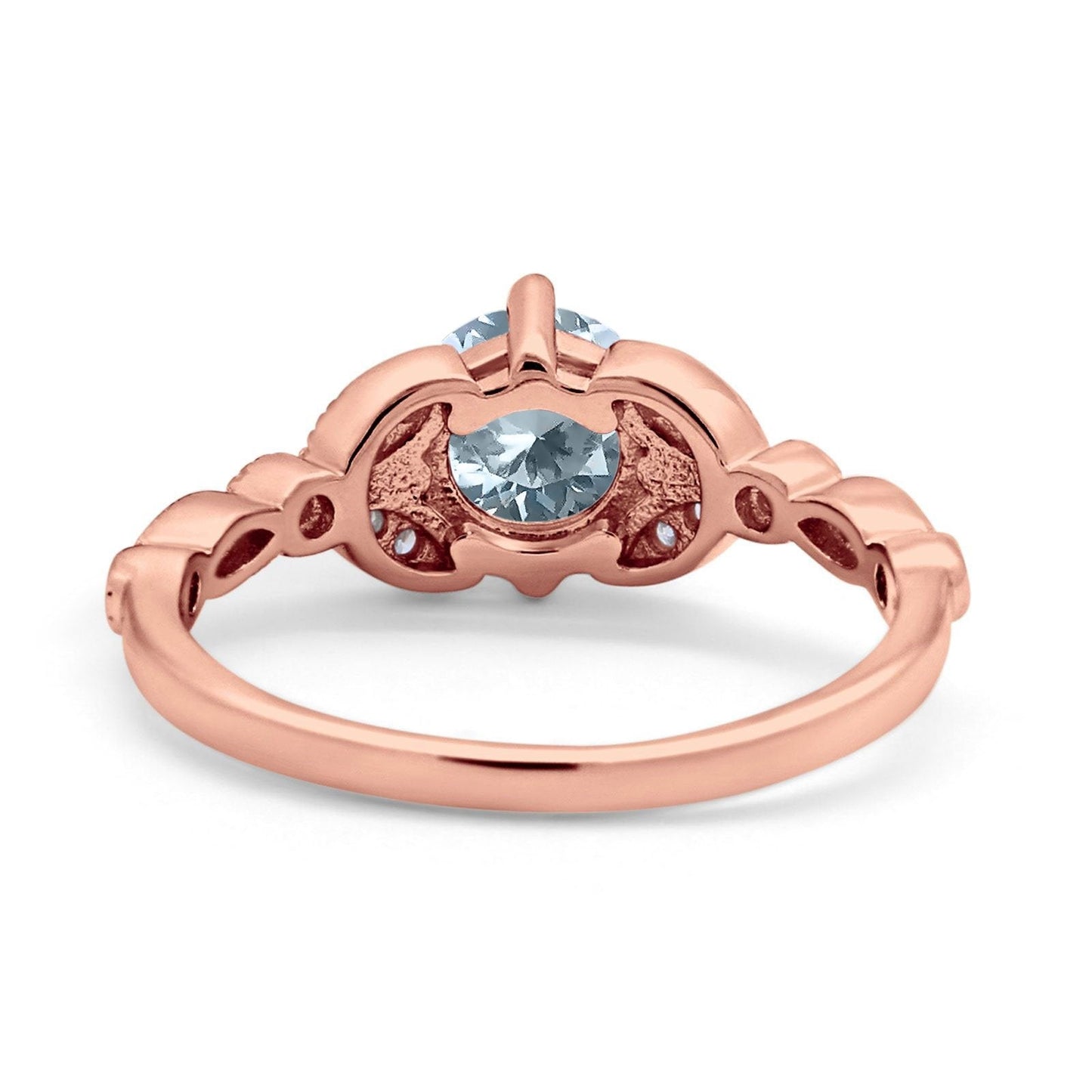 14K Rose Gold 0.96ct Round Art Deco 6mm G SI Natural Aquamarine Diamond Engagement Wedding Ring Size 6.5