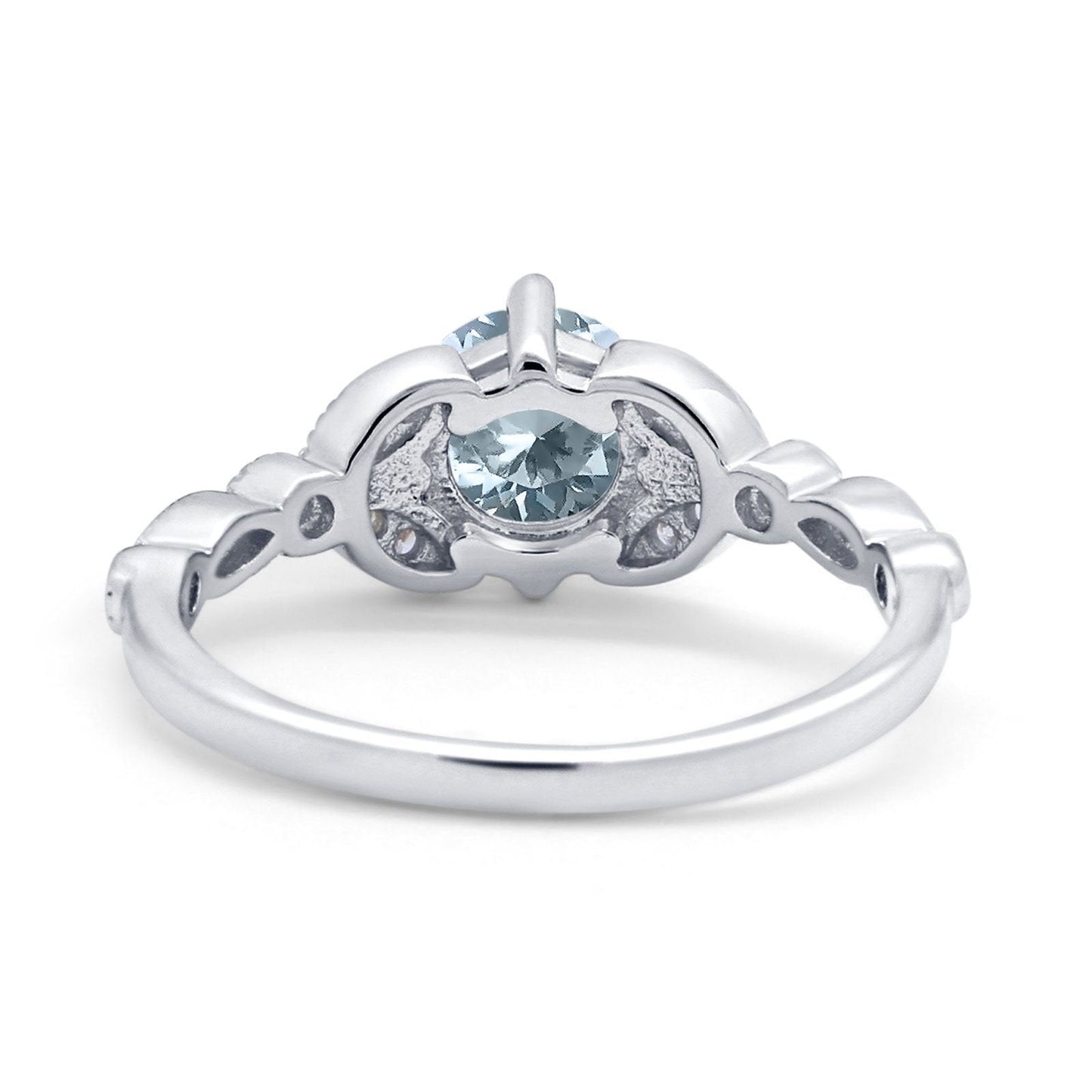 14K White Gold 0.96ct Round Art Deco 6mm G SI Natural Aquamarine Diamond Engagement Wedding Ring Size 6.5