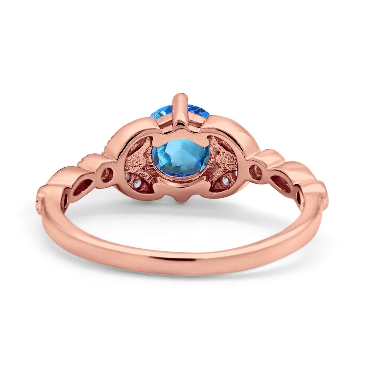 14K Rose Gold 0.96ct Round Art Deco 6mm G SI Natural Blue Topaz Diamond Engagement Wedding Ring Size 6.5