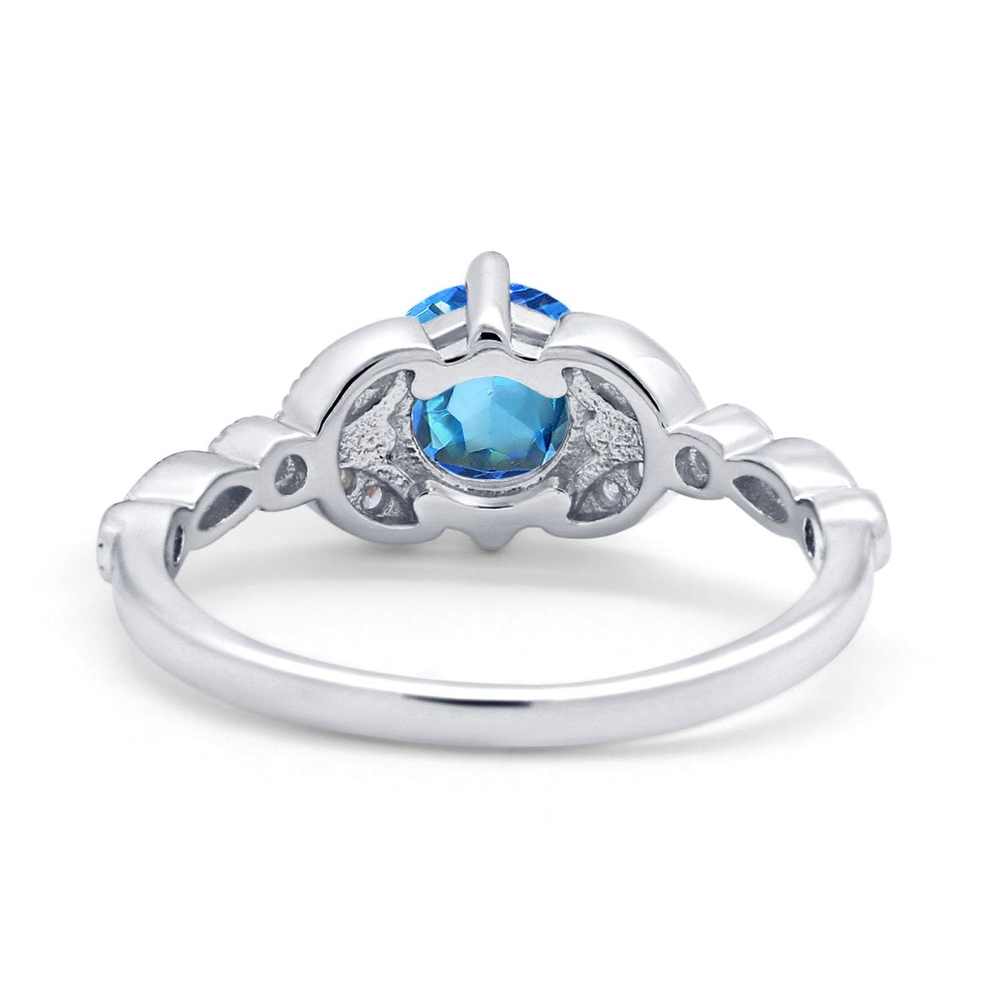 Bague de fiançailles en or blanc 14 carats 0,96 ct Art déco ronde 6 mm G SI avec topaze bleue naturelle et diamant taille 6,5