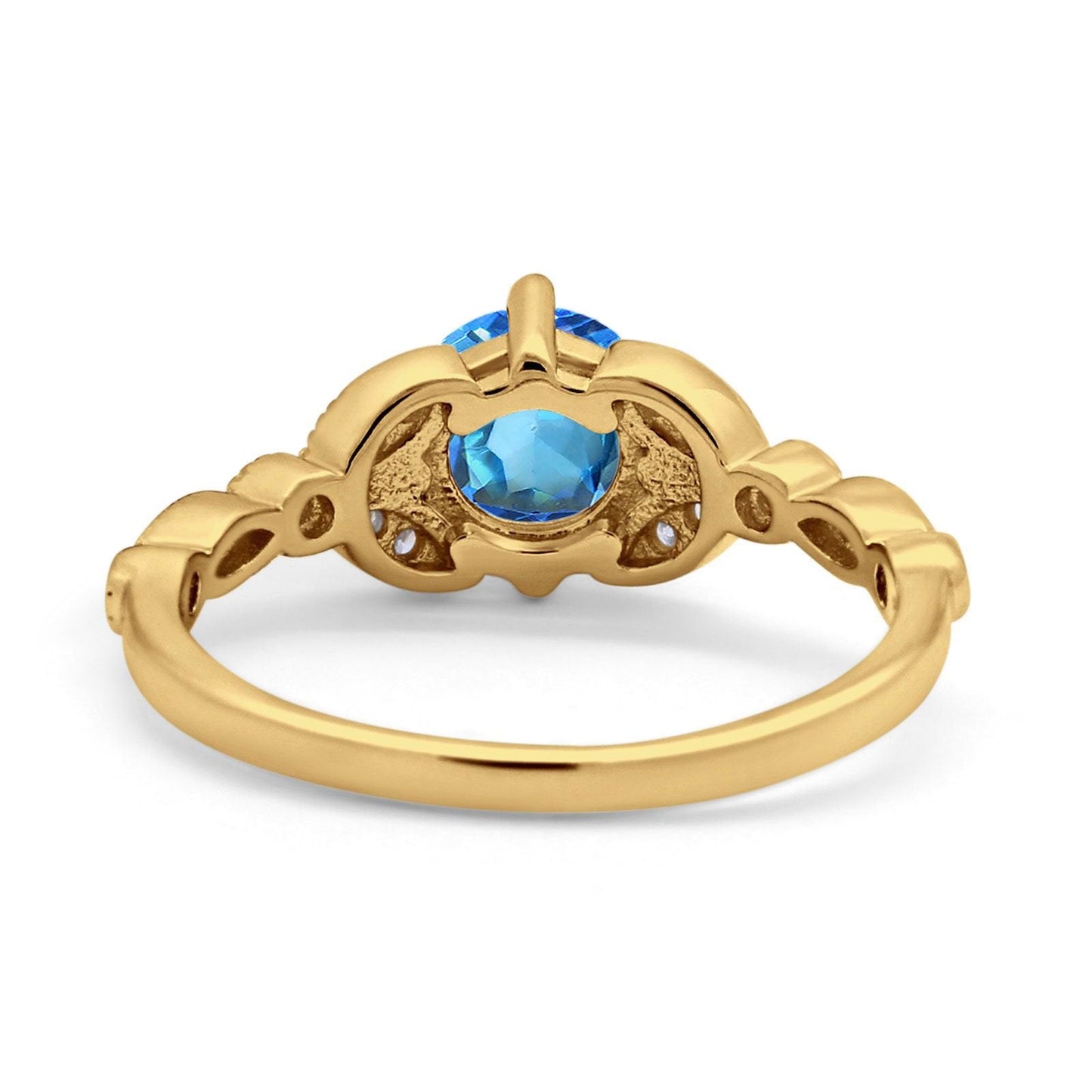 14K Yellow Gold 0.96ct Round Art Deco 6mm G SI Natural Blue Topaz Diamond Engagement Wedding Ring Size 6.5