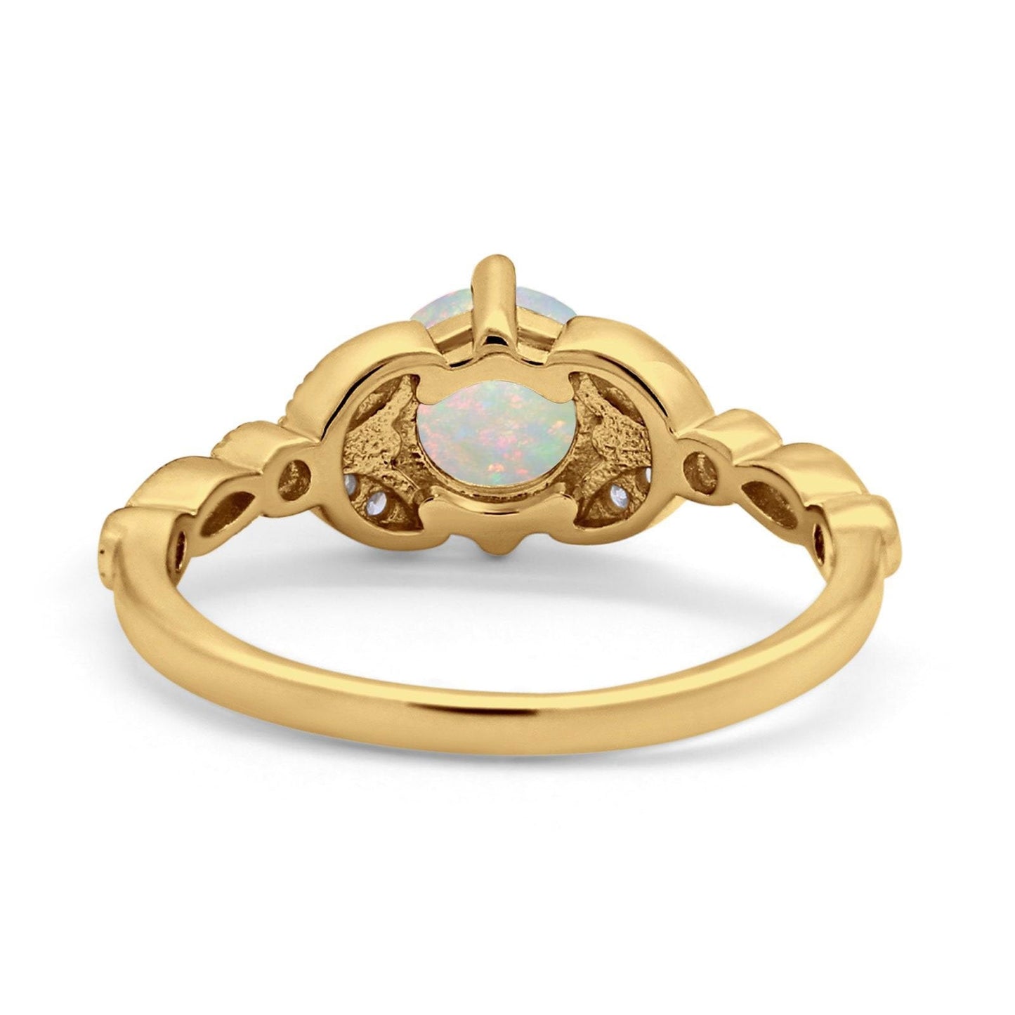 14K Yellow Gold 0.12ct Round Art Deco 6mm G SI Natural White Opal Diamond Engagement Wedding Ring Size 6.5