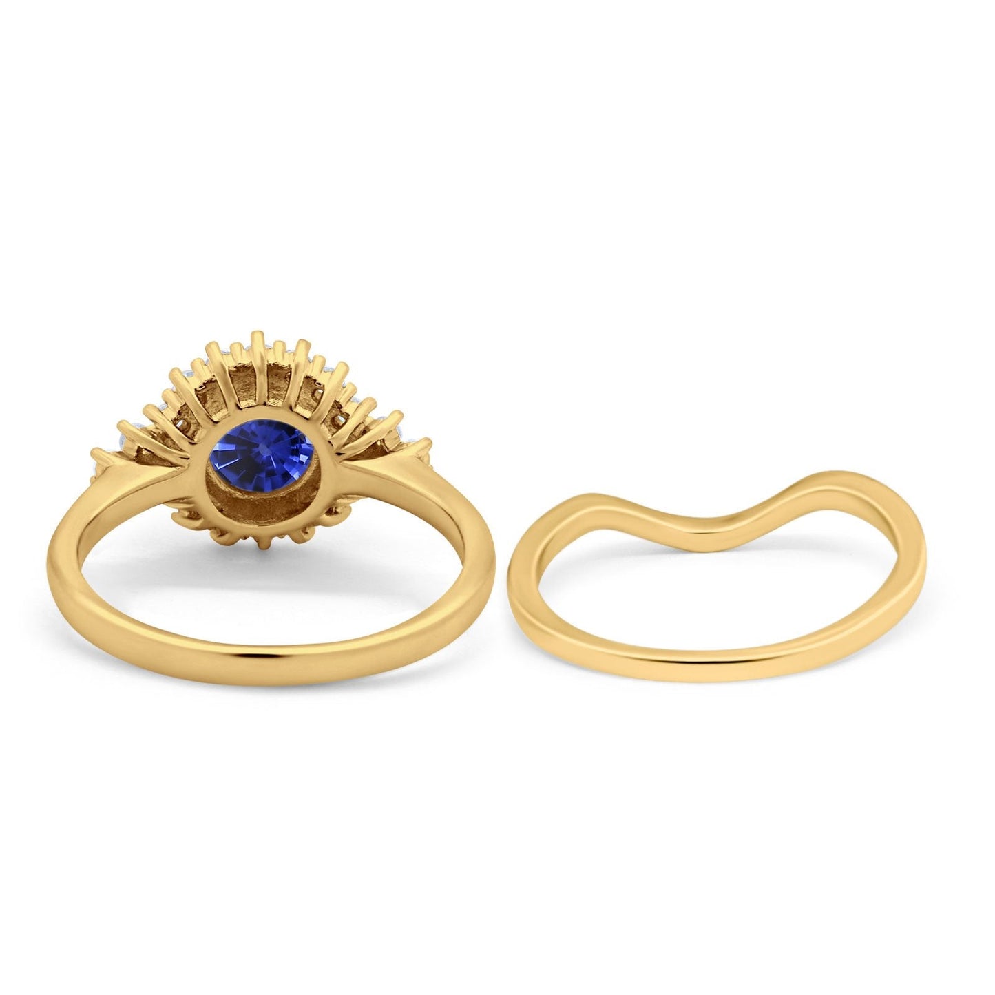 14K Yellow Gold 1.59ct Round Two Piece Halo 7mm G SI Nano Blue Sapphire Diamond Engagement Wedding Ring Size 6.5