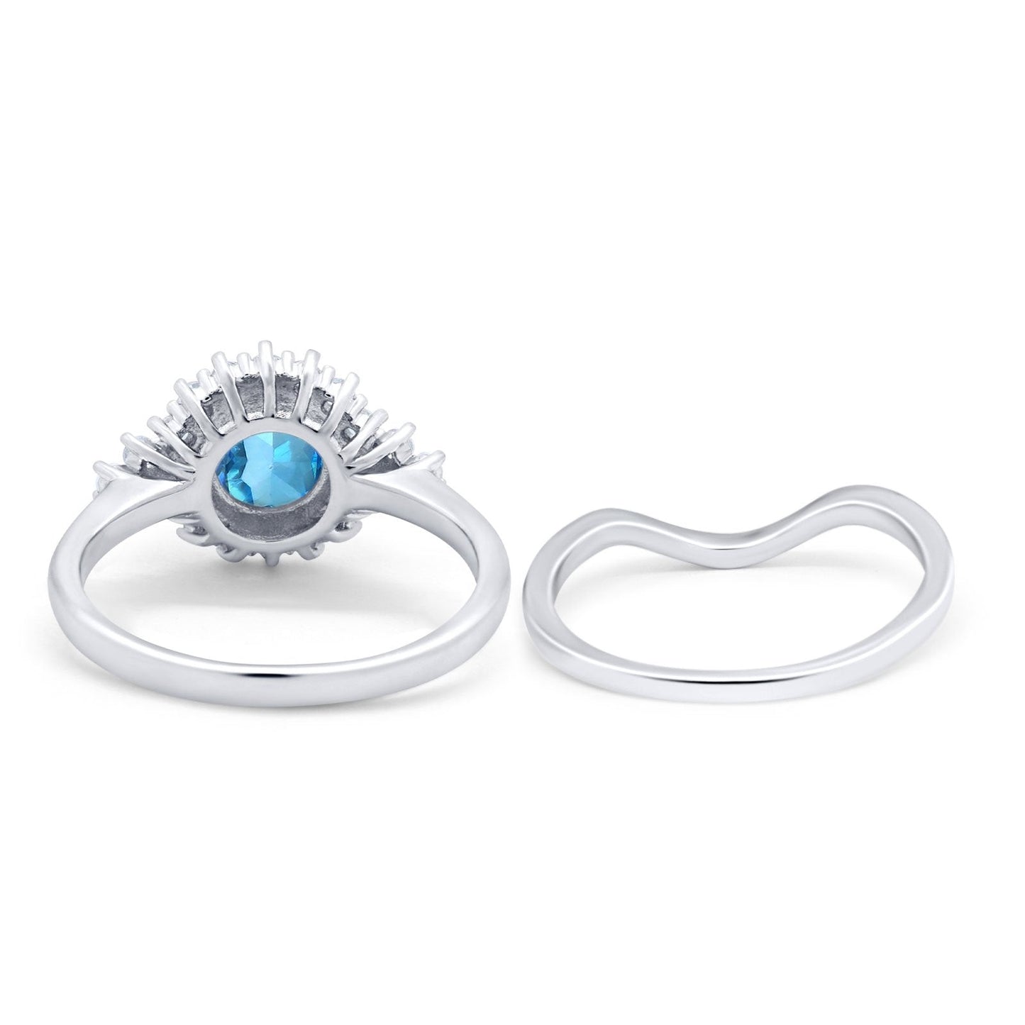 14K White Gold 1.59ct Round Two Piece Halo 7mm G SI Natural Blue Topaz Diamond Engagement Wedding Ring Size 6.5