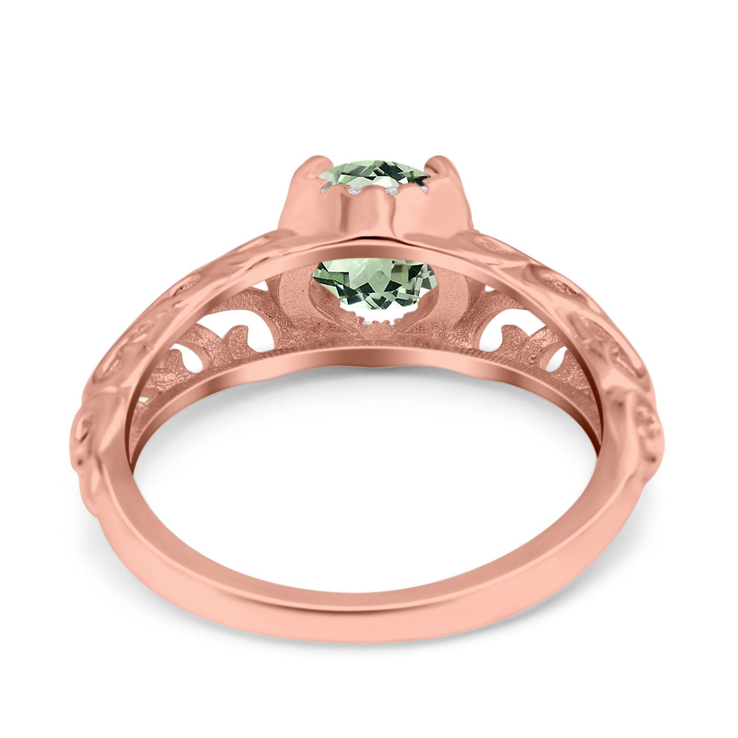 14K Rose Gold 1.11ct Round Art Deco Filigree 6.5mm G SI Natural Green Amethyst Diamond Engagement Wedding Ring Size 6.5