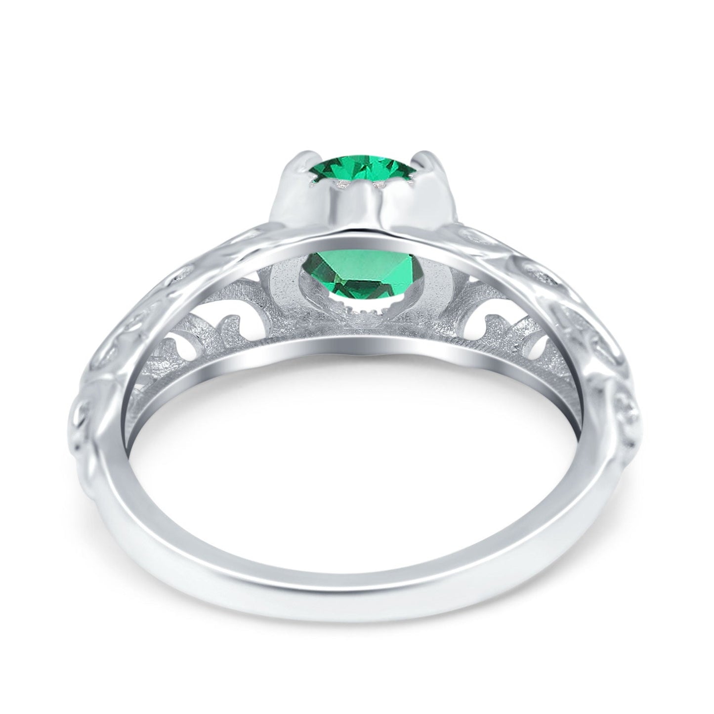 14K White Gold 1.11ct Round Art Deco Filigree 6.5mm G SI Nano Emerald Diamond Engagement Wedding Ring Size 6.5