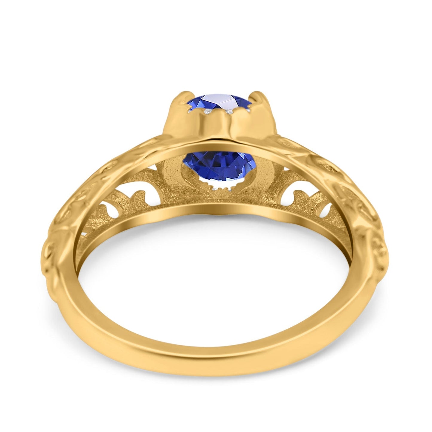 14K Yellow Gold 1.11ct Round Art Deco Filigree 6.5mm G SI Nano Blue Sapphire Diamond Engagement Wedding Ring Size 6.5