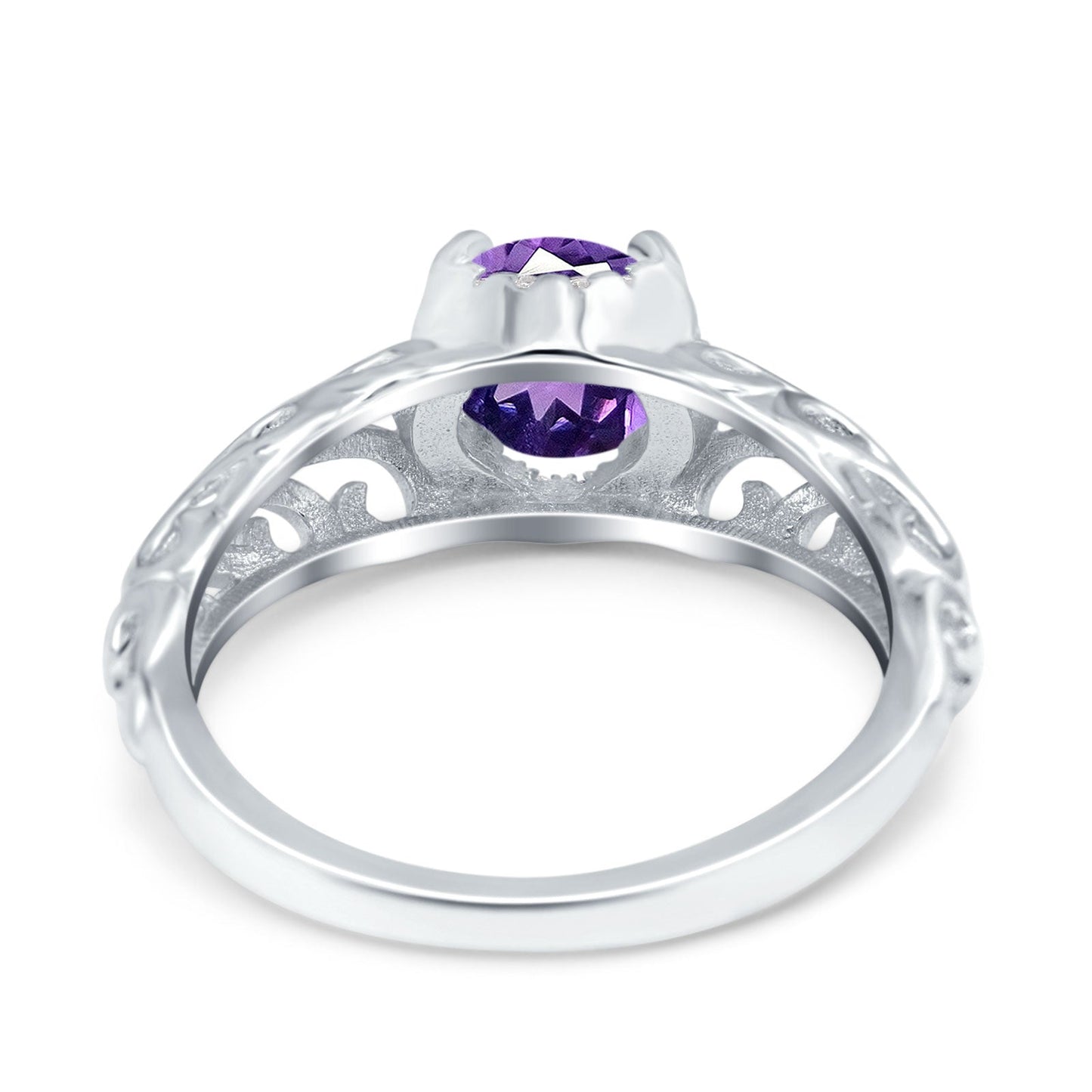 14K White Gold 1.11ct Round Art Deco Filigree 6.5mm G SI Natural Amethyst Diamond Engagement Wedding Ring Size 6.5