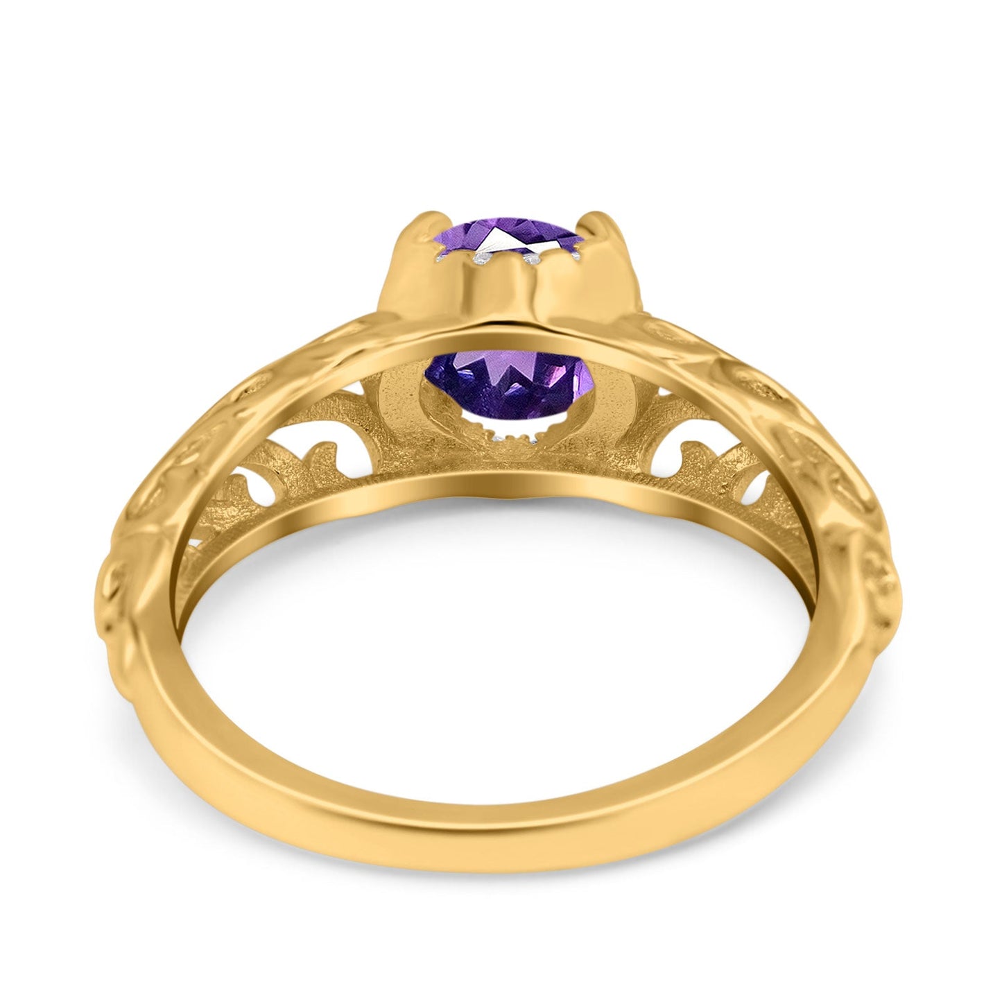 14K Yellow Gold 1.11ct Round Art Deco Filigree 6.5mm G SI Natural Amethyst Diamond Engagement Wedding Ring Size 6.5