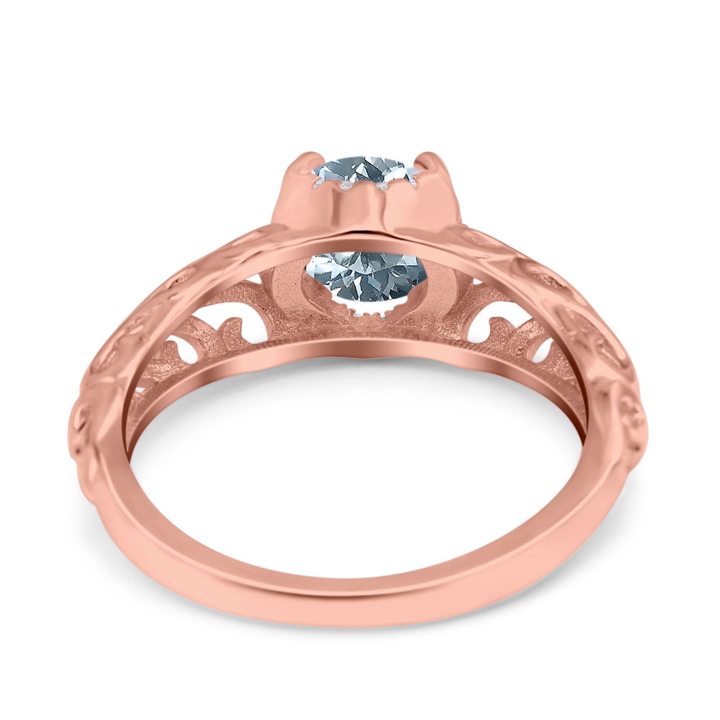 14K Rose Gold 1.11ct Round Art Deco Filigree 6.5mm G SI Natural Aquamarine Diamond Engagement Wedding Ring Size 6.5