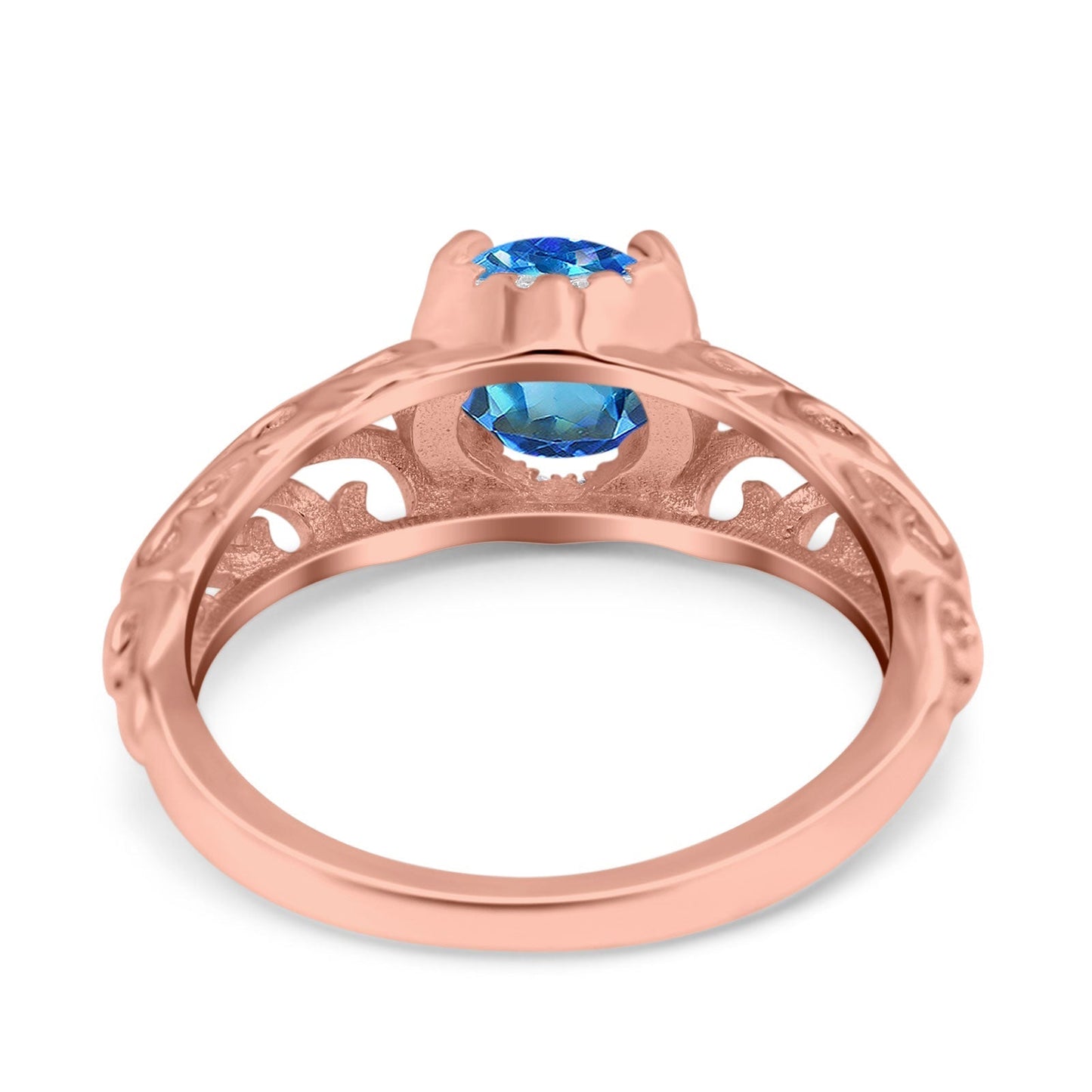 14K Rose Gold 1.11ct Round Art Deco Filigree 6.5mm G SI Natural Blue Topaz Diamond Engagement Wedding Ring Size 6.5