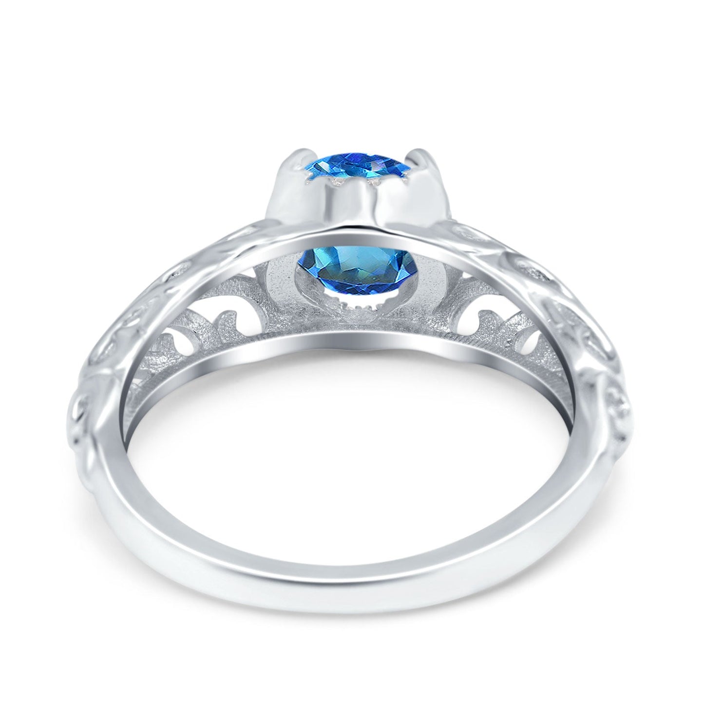 14K White Gold 1.11ct Round Art Deco Filigree 6.5mm G SI Natural Blue Topaz Diamond Engagement Wedding Ring Size 6.5