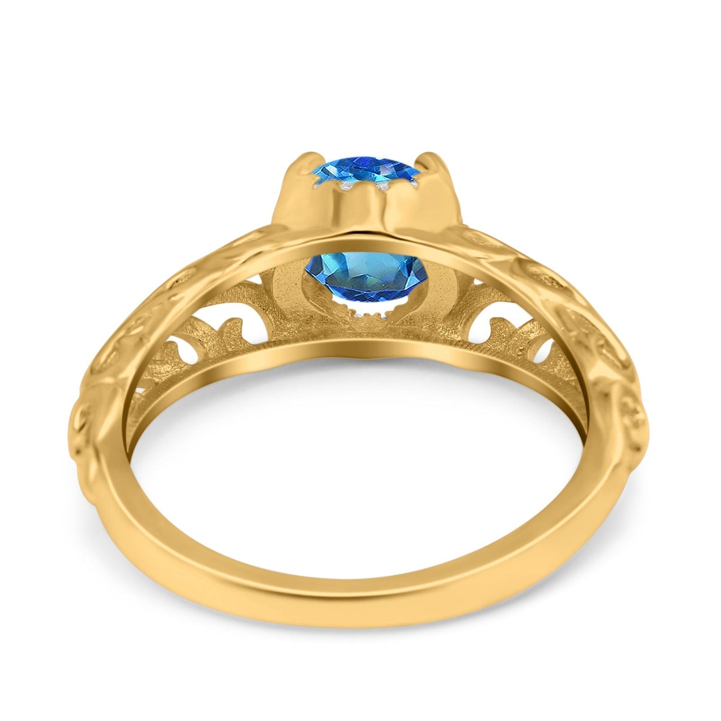 14K Yellow Gold 1.11ct Round Art Deco Filigree 6.5mm G SI Natural Blue Topaz Diamond Engagement Wedding Ring Size 6.5